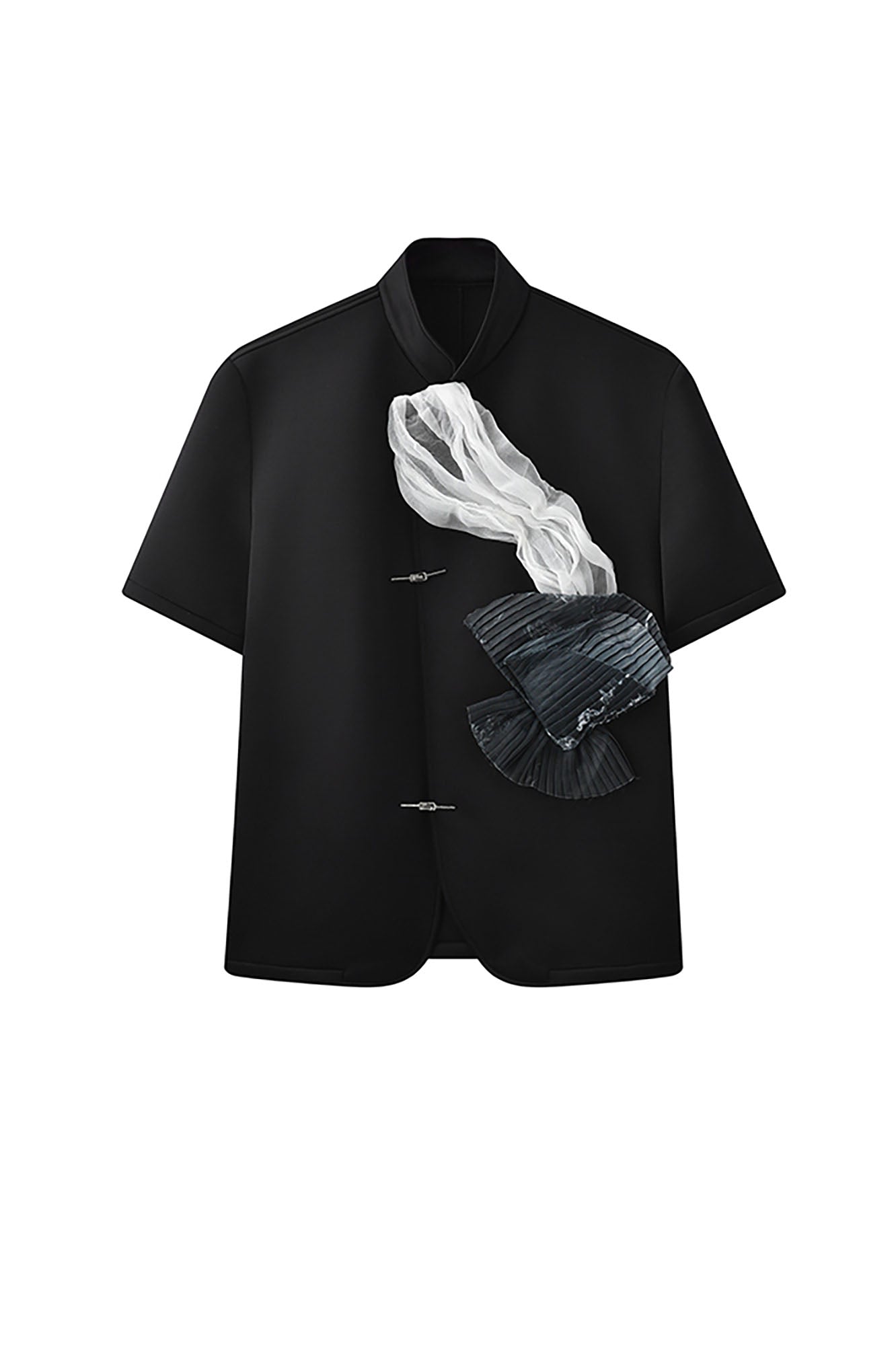 JIECHI Crinkled Tulle Layered Mandarin Collar Half Shirt
