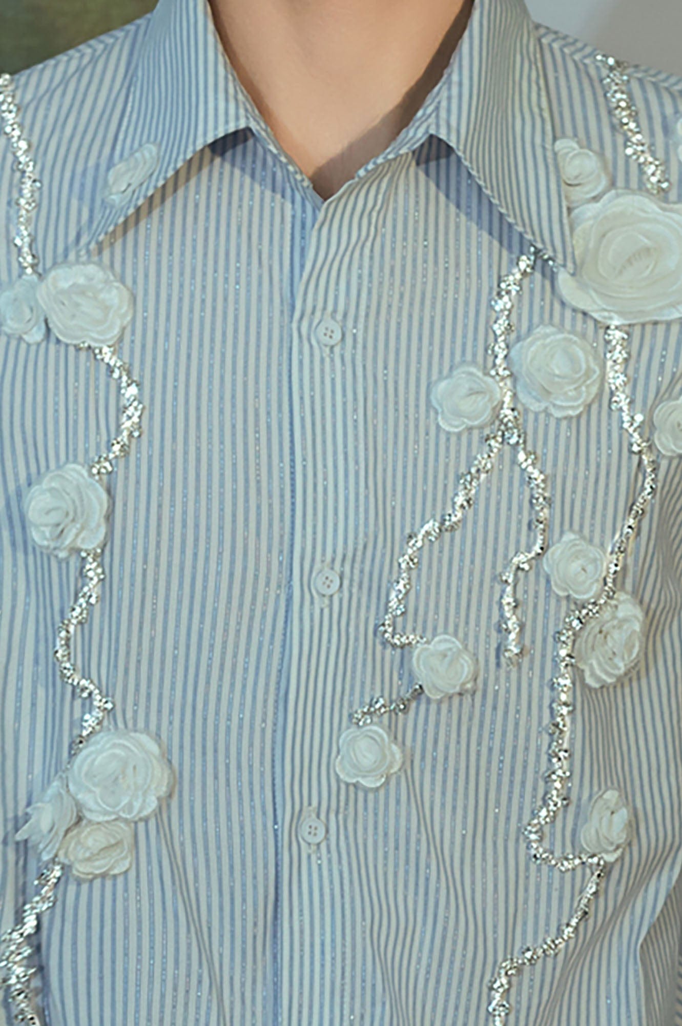 JIECHI Vine Rose Embroidered Striped Shirt