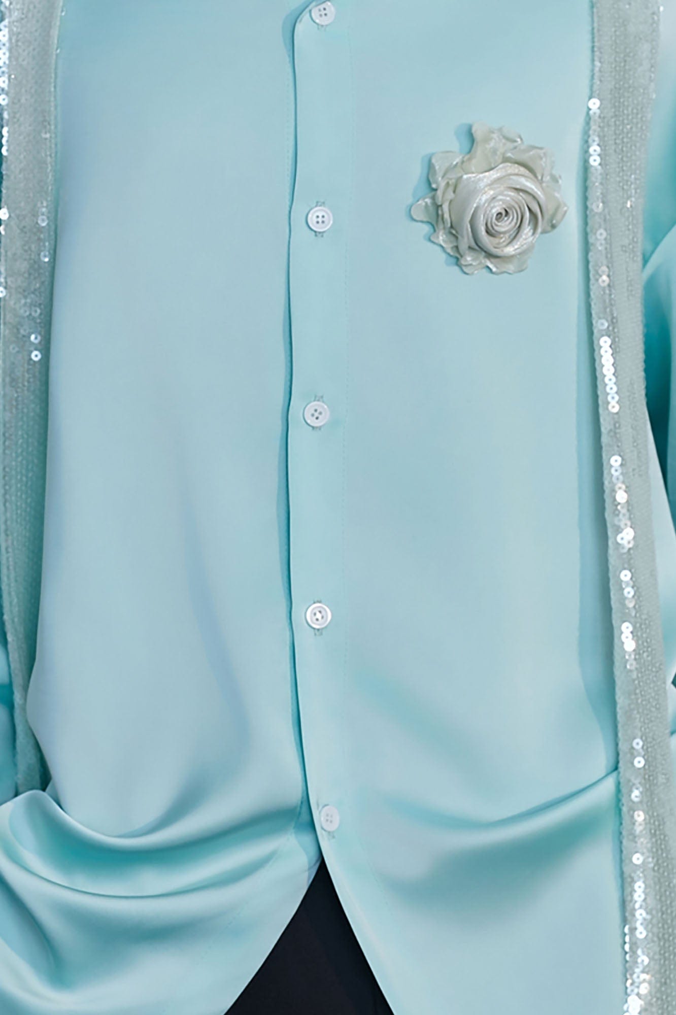JIECHI Bloom Sequin-Draped Satin Shirt Aqua