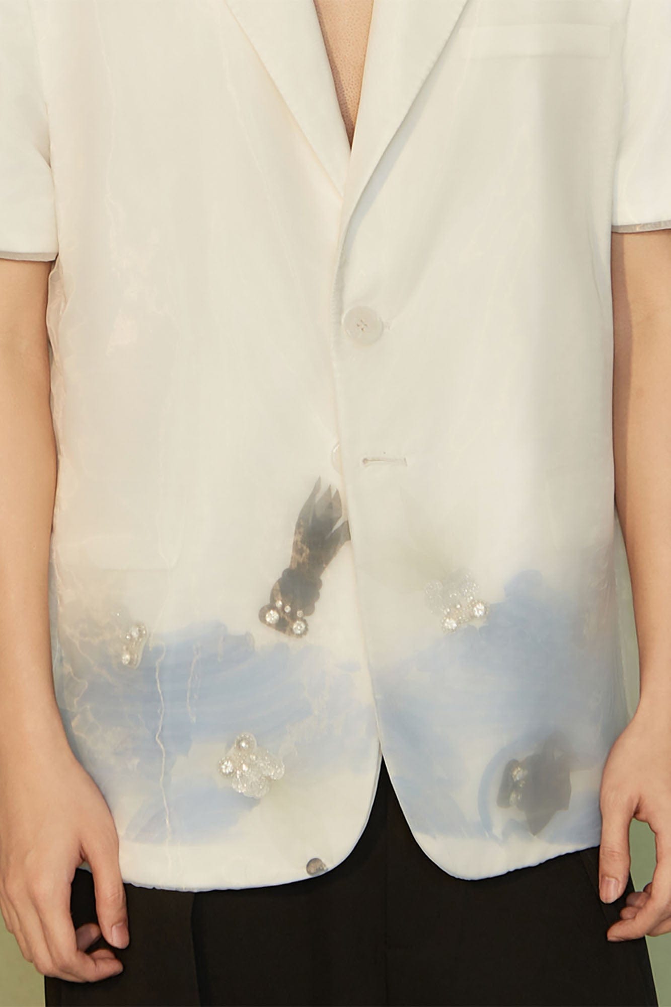 JIECHI Water-Ink Koi Embroidered Sheer Overlay Half Blazer