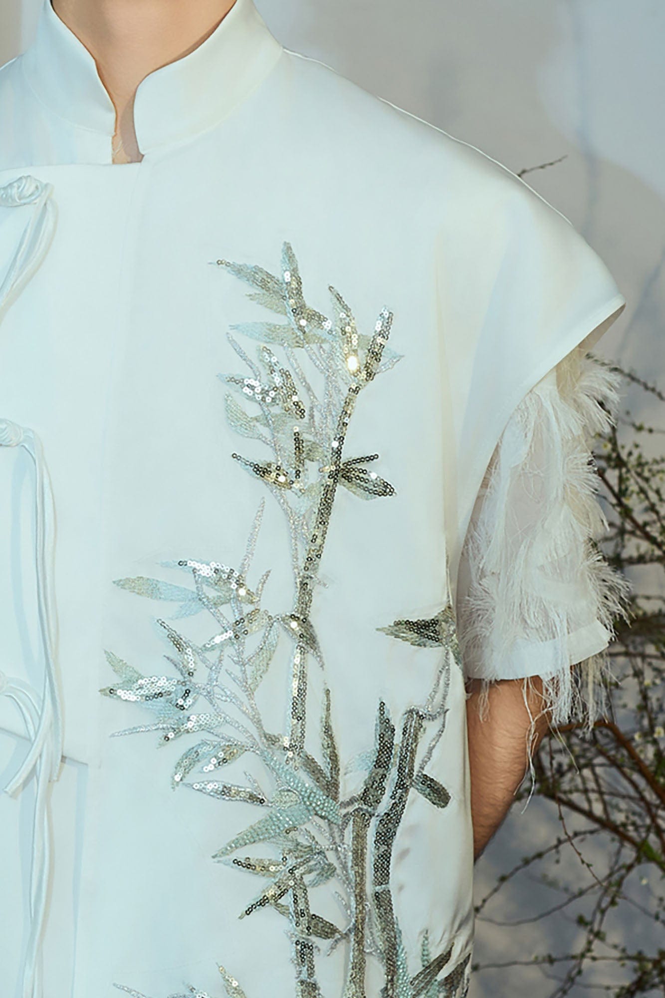 JIECHI Embroidered Bamboo Layered Mandarin Collar Half Shirt