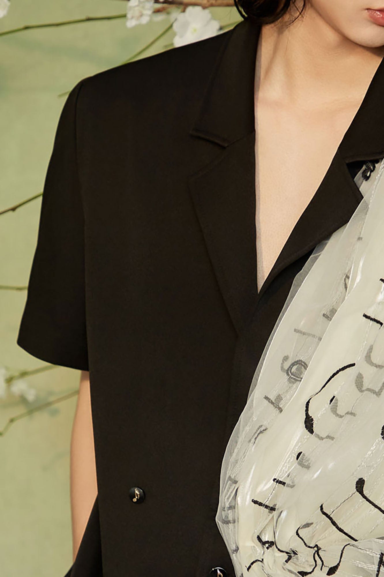 JIECHI Musical Score Layered Tulle Drape Half Shirt