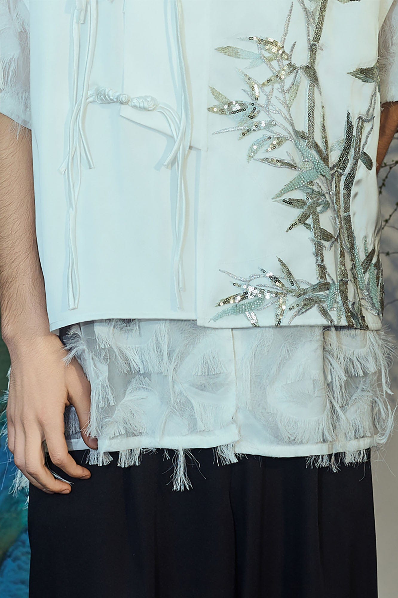 JIECHI Embroidered Bamboo Layered Mandarin Collar Half Shirt