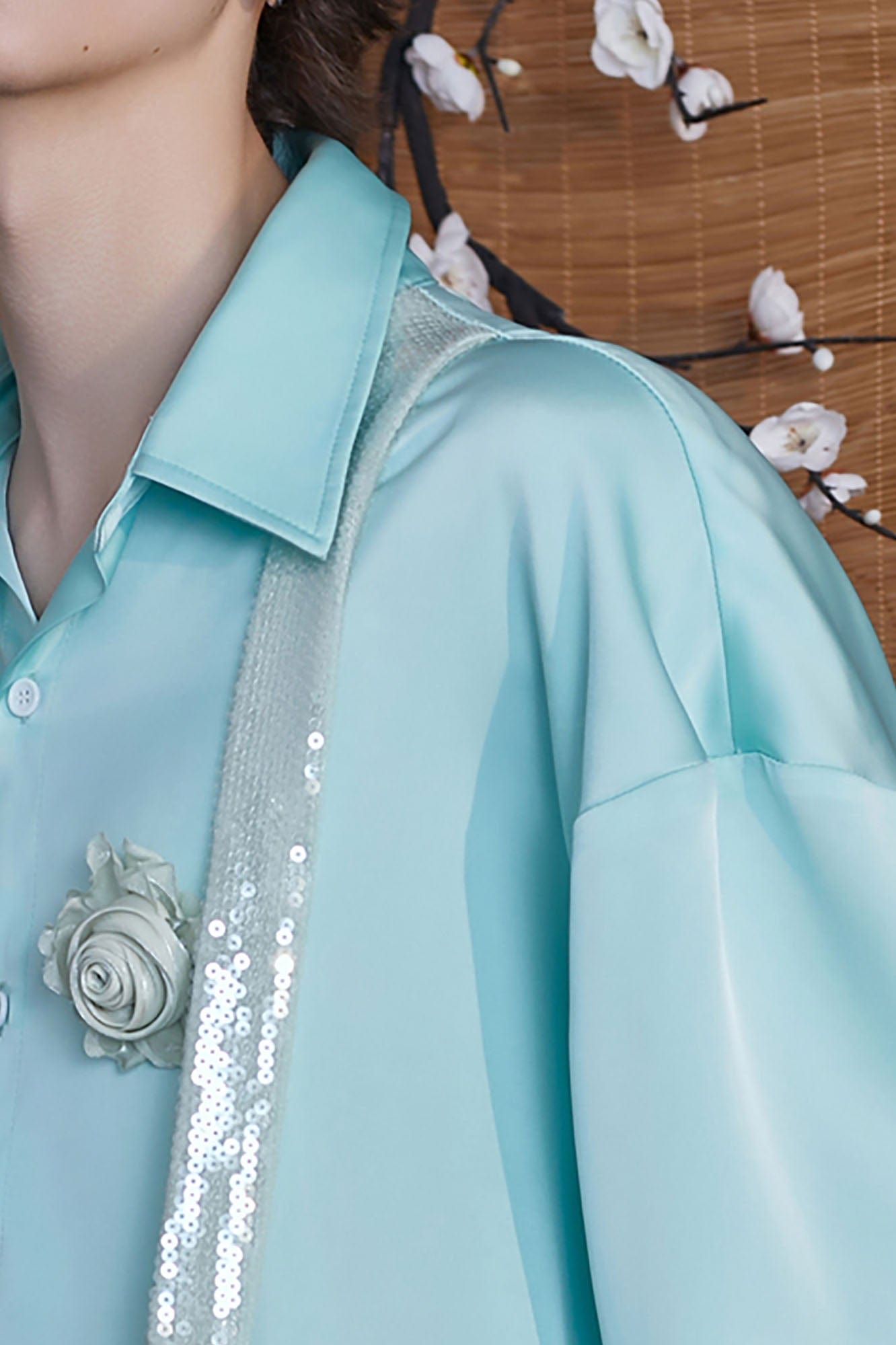 JIECHI Bloom Sequin-Draped Satin Shirt Aqua