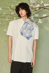 JIECHI Seascape Koi Embroidered Asymmetrical Half Shirt