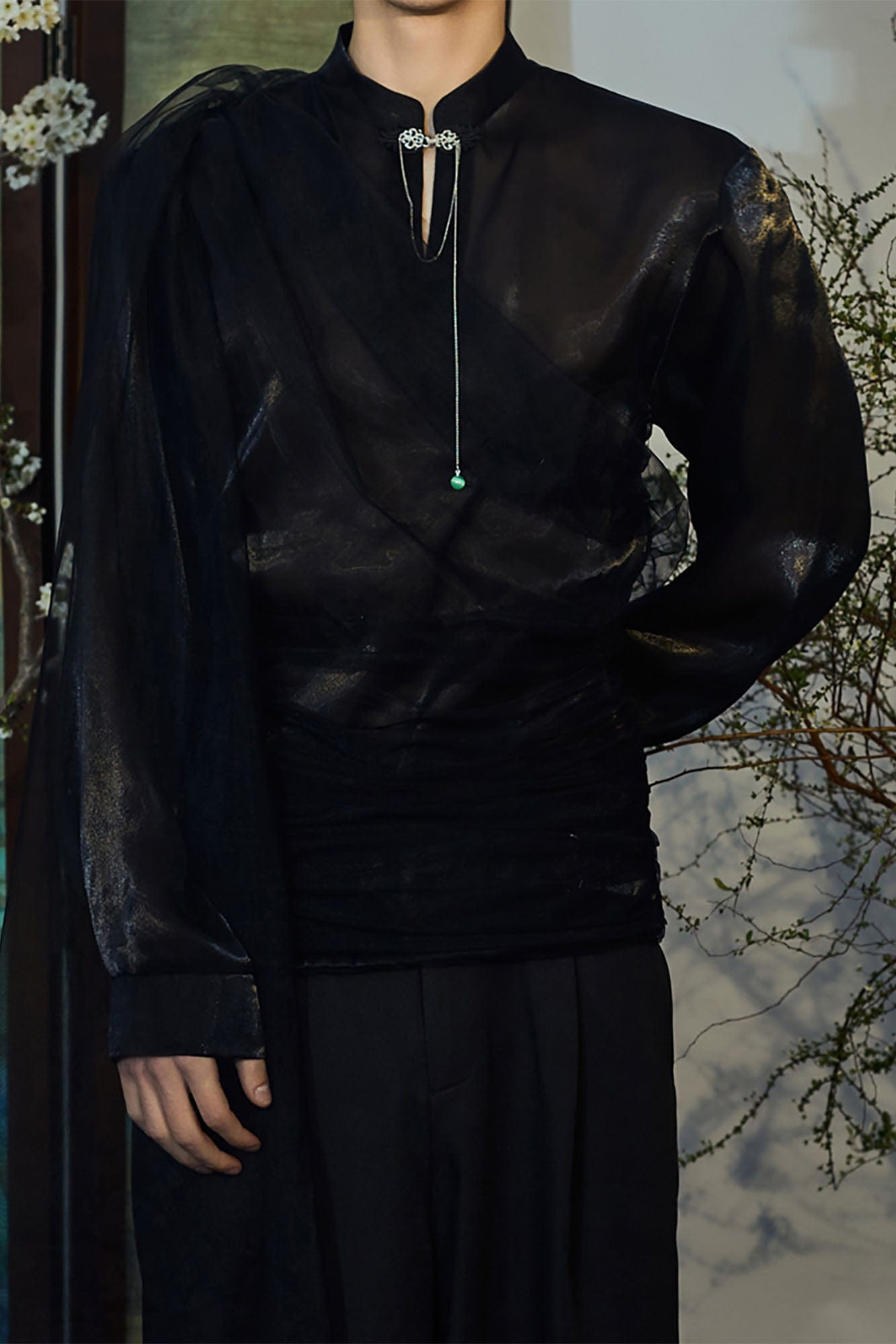 JIECHI Draped Sheer Brooch Organza Shirt