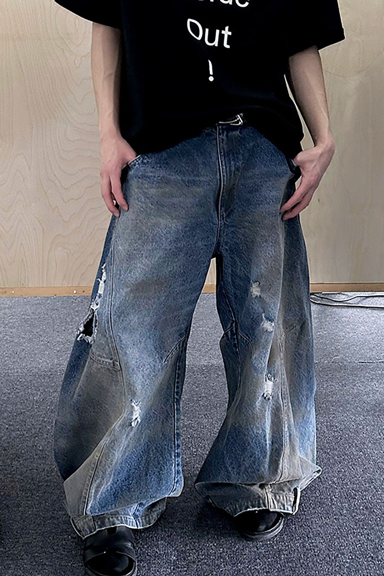 TRIANGLE PROJECT Distressed Dirty-Washed Oversized Jeans