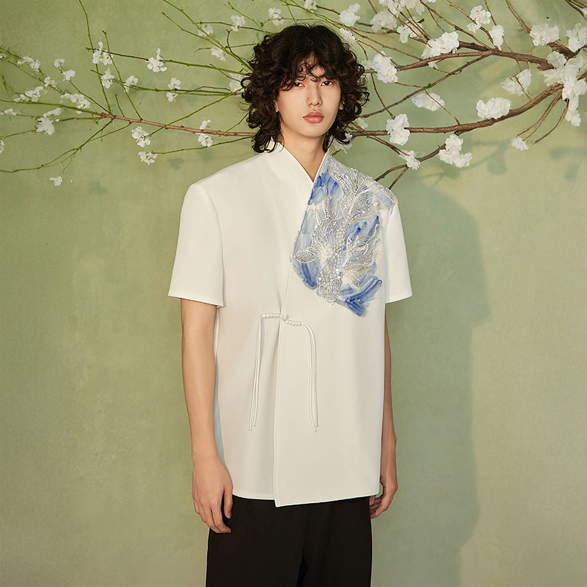 JIECHI Seascape Koi Embroidered Asymmetrical Half Shirt