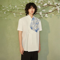 JIECHI Seascape Koi Embroidered Asymmetrical Half Shirt