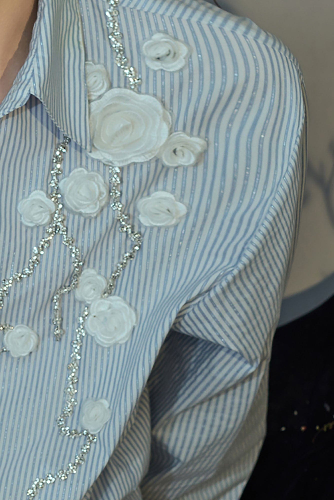 JIECHI Vine Rose Embroidered Striped Shirt