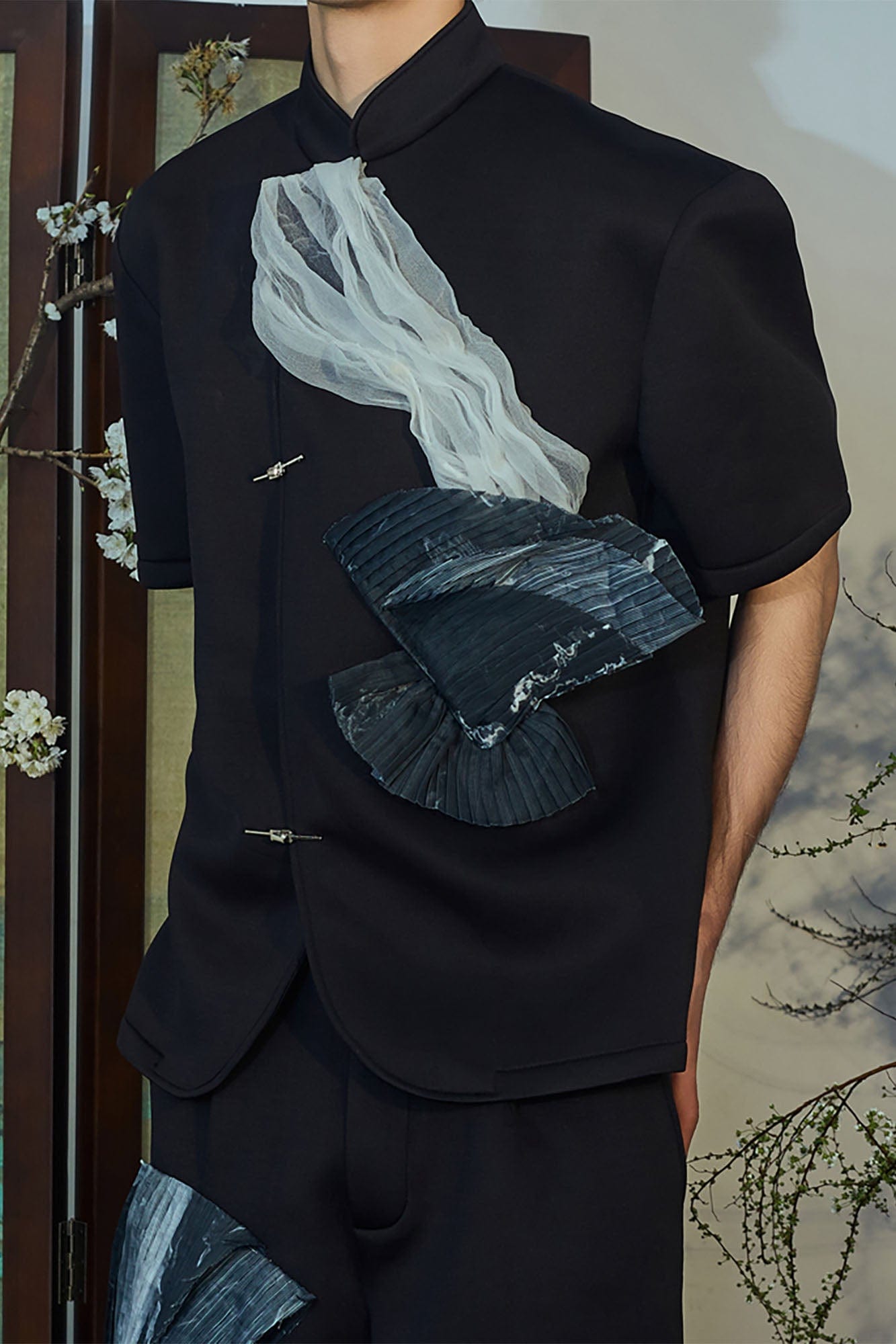 JIECHI Crinkled Tulle Layered Mandarin Collar Half Shirt