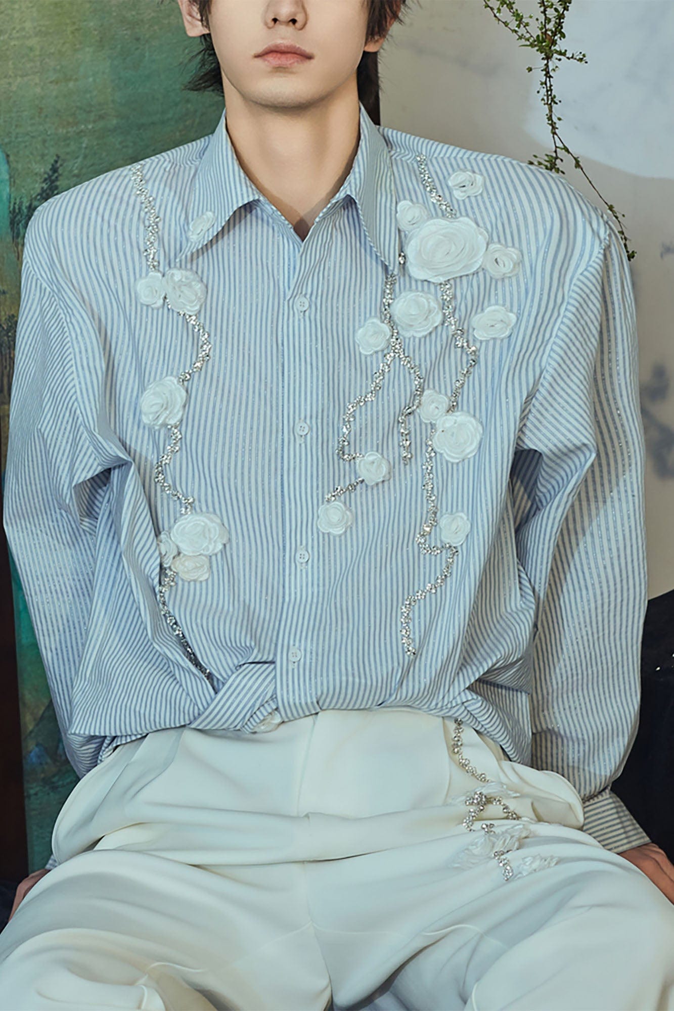 JIECHI Vine Rose Embroidered Striped Shirt