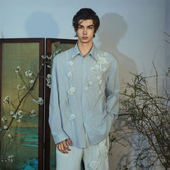 JIECHI Vine Rose Embroidered Striped Shirt