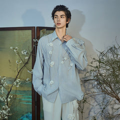 JIECHI Vine Rose Embroidered Striped Shirt