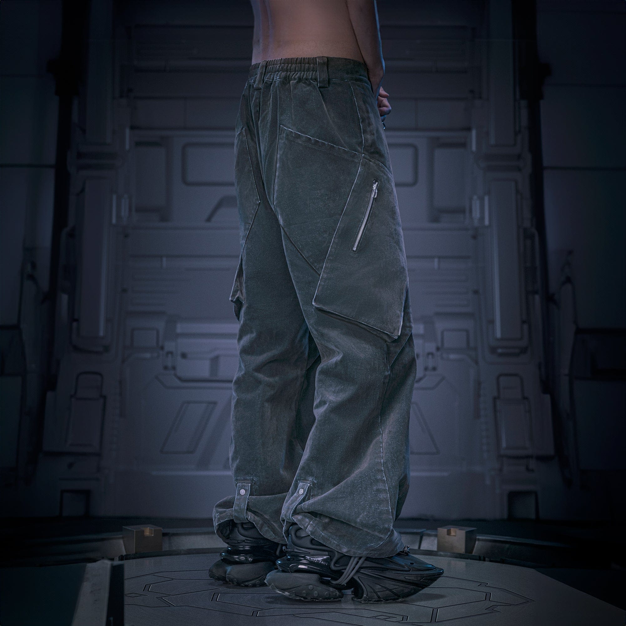 XIPHEVIL Layered Paneled Robotic Wide-Leg Pants