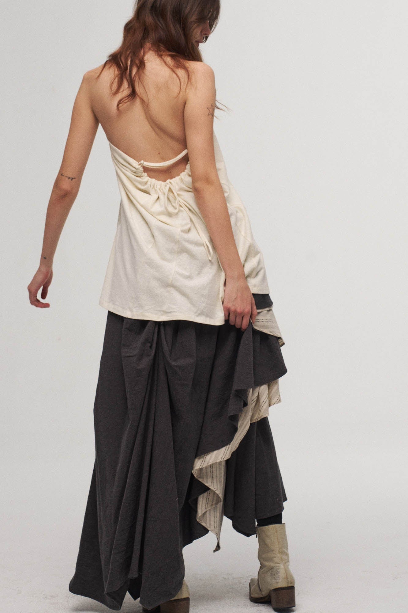 ILNya Nieternite Nifutur Asymmetrical Layered Stripe Ruffled Maxi Skirt