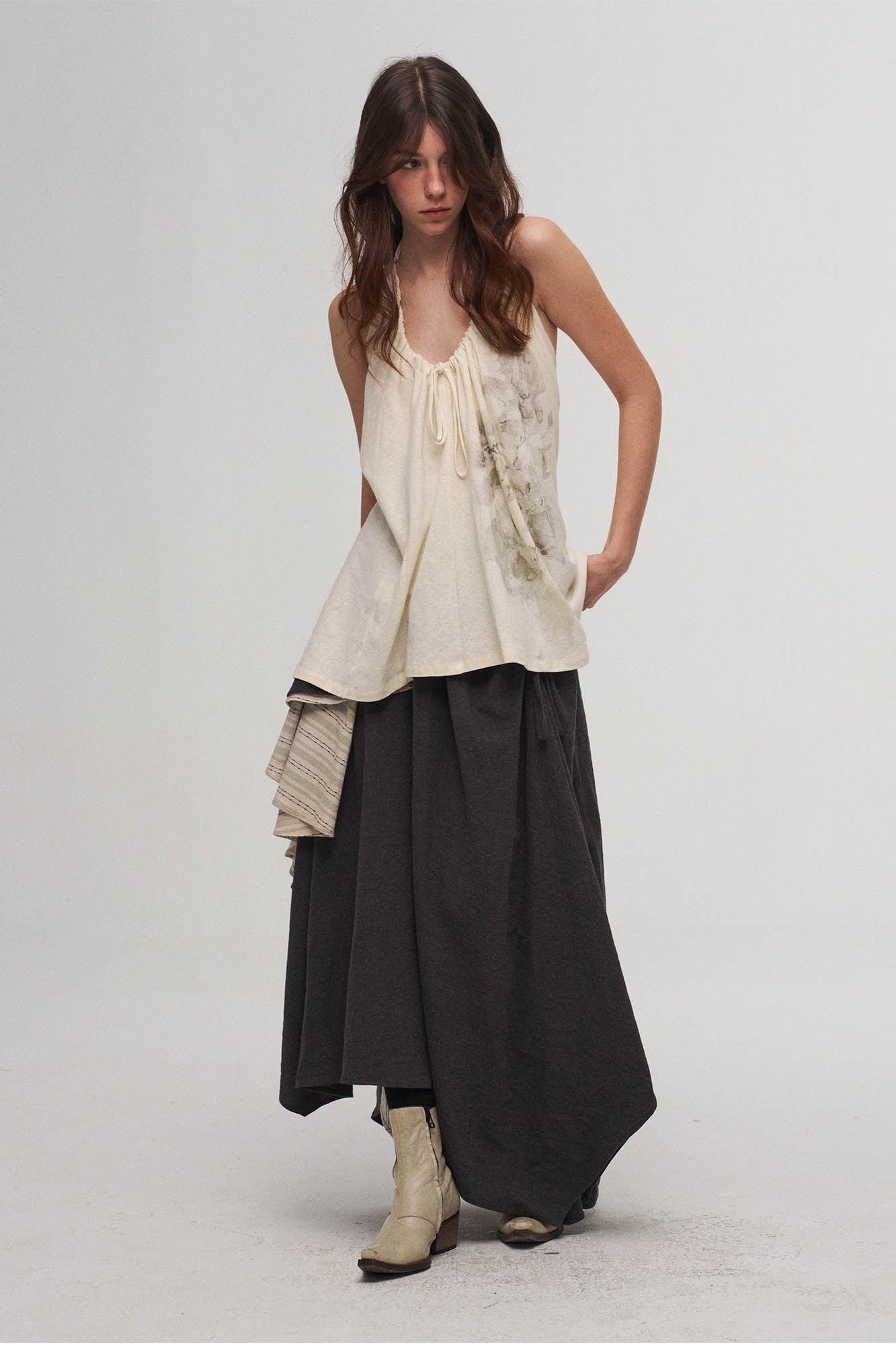 ILNya Nieternite Nifutur Asymmetrical Layered Stripe Ruffled Maxi Skirt