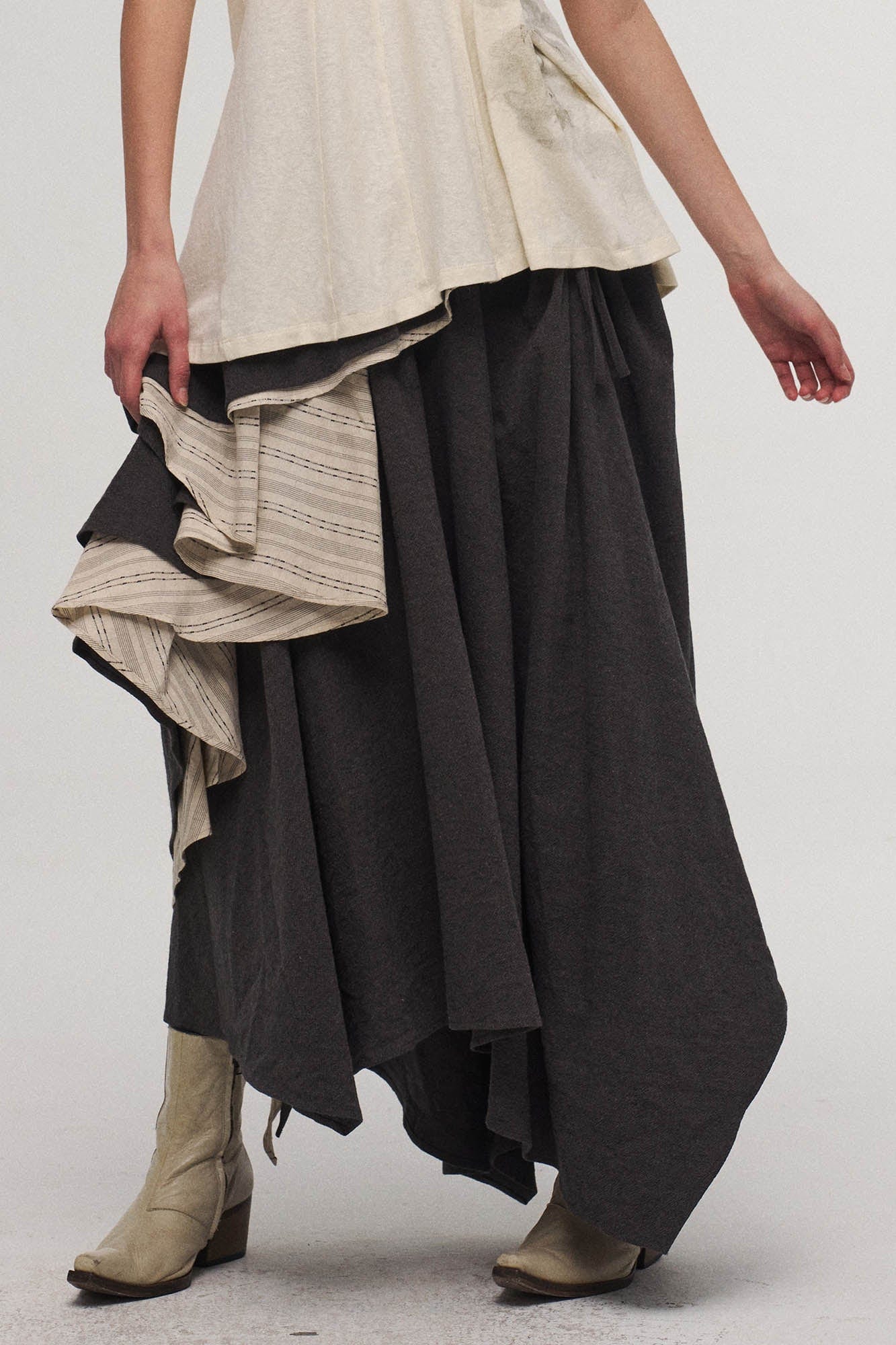 ILNya Nieternite Nifutur Asymmetrical Layered Stripe Ruffled Maxi Skirt