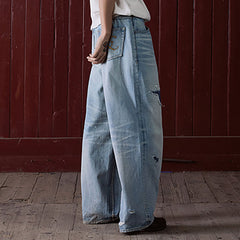 IN EXISTENCE Distressed Patchwork Creased Washed Wide-Leg Jeans