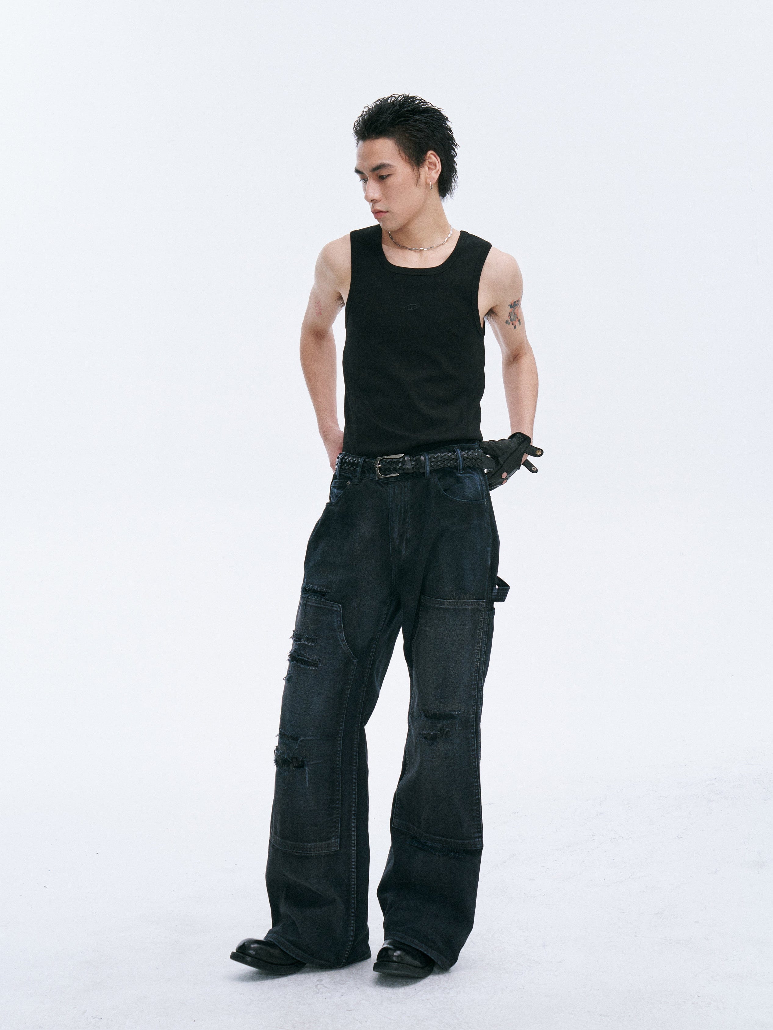 CATSSTAC Distressed Double-Knee Carpenter Straight-Leg Jeans Black