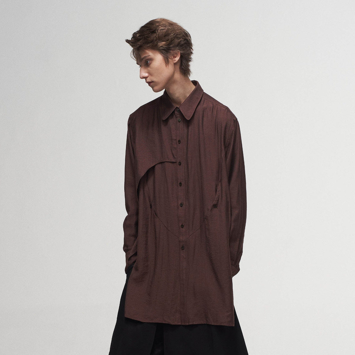 ILNya Nieternite Nifutur Arc Spliced Draped Long Shirt Burgundy