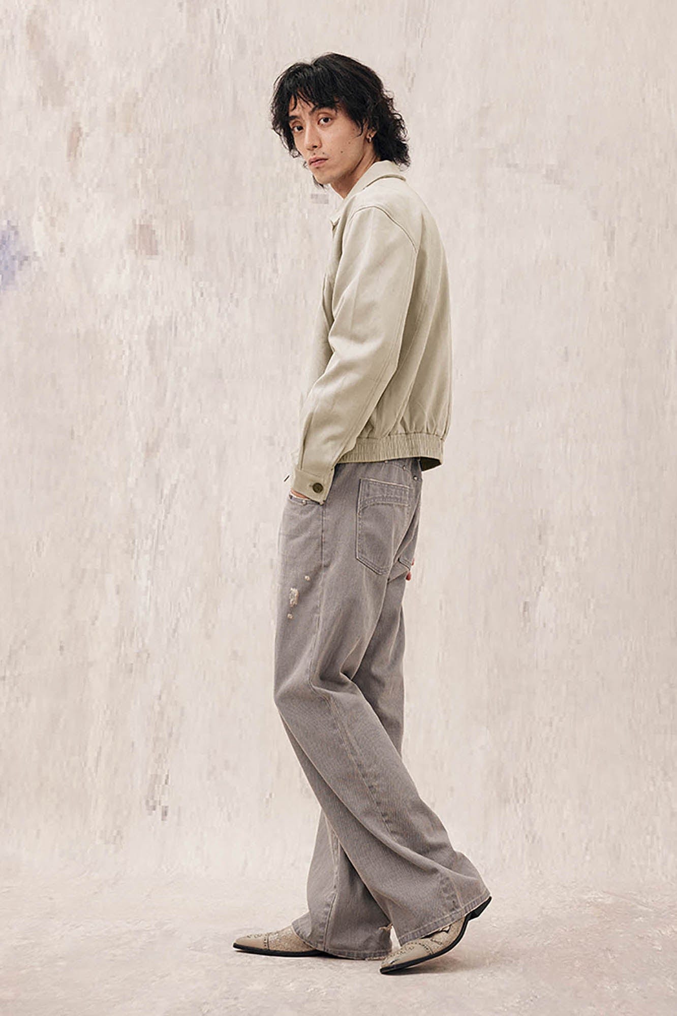 IN EXISTENCE Curved Spliced Smooth Harrington Jacket