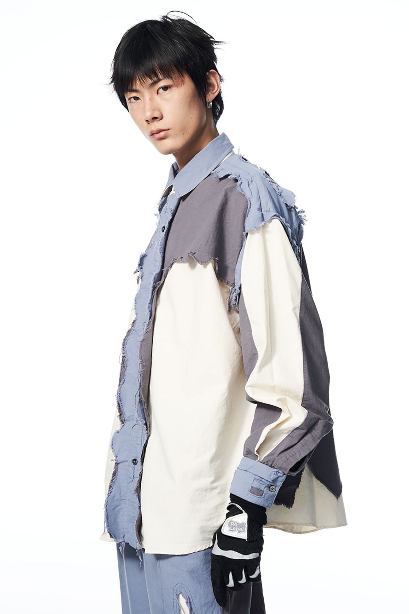 RELABEL Deconstructed Paneled Raw-Edge Frayed Shirt