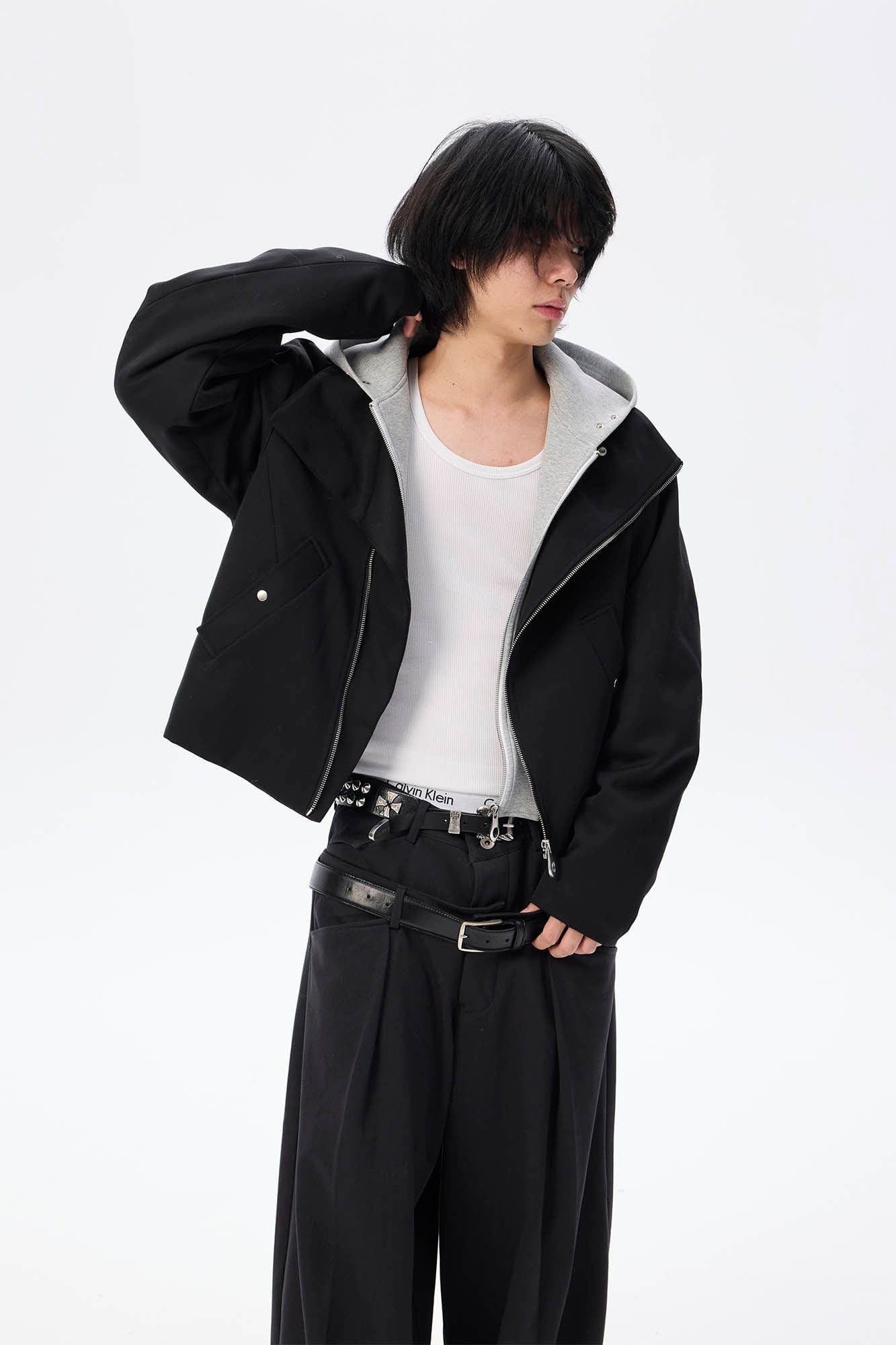 WHISTLEHUNTER Asymmetrical Zipper Detachable Hooded Layered Jacket