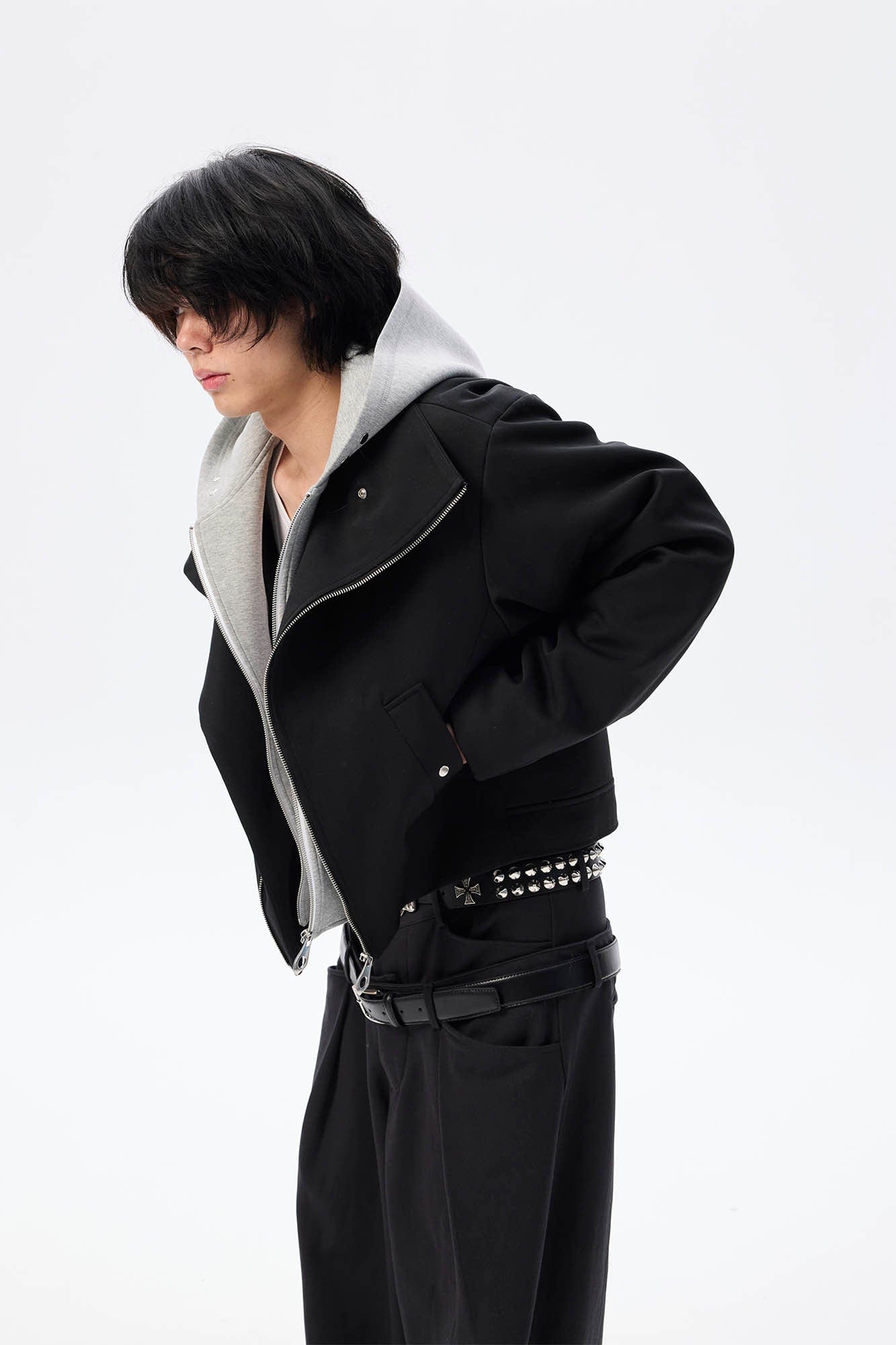 WHISTLEHUNTER Asymmetrical Zipper Detachable Hooded Layered Jacket