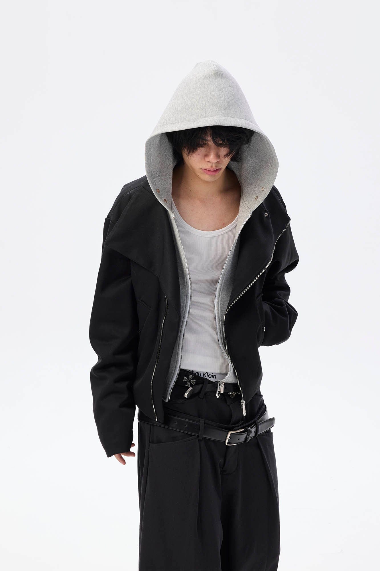 WHISTLEHUNTER Asymmetrical Zipper Detachable Hooded Layered Jacket