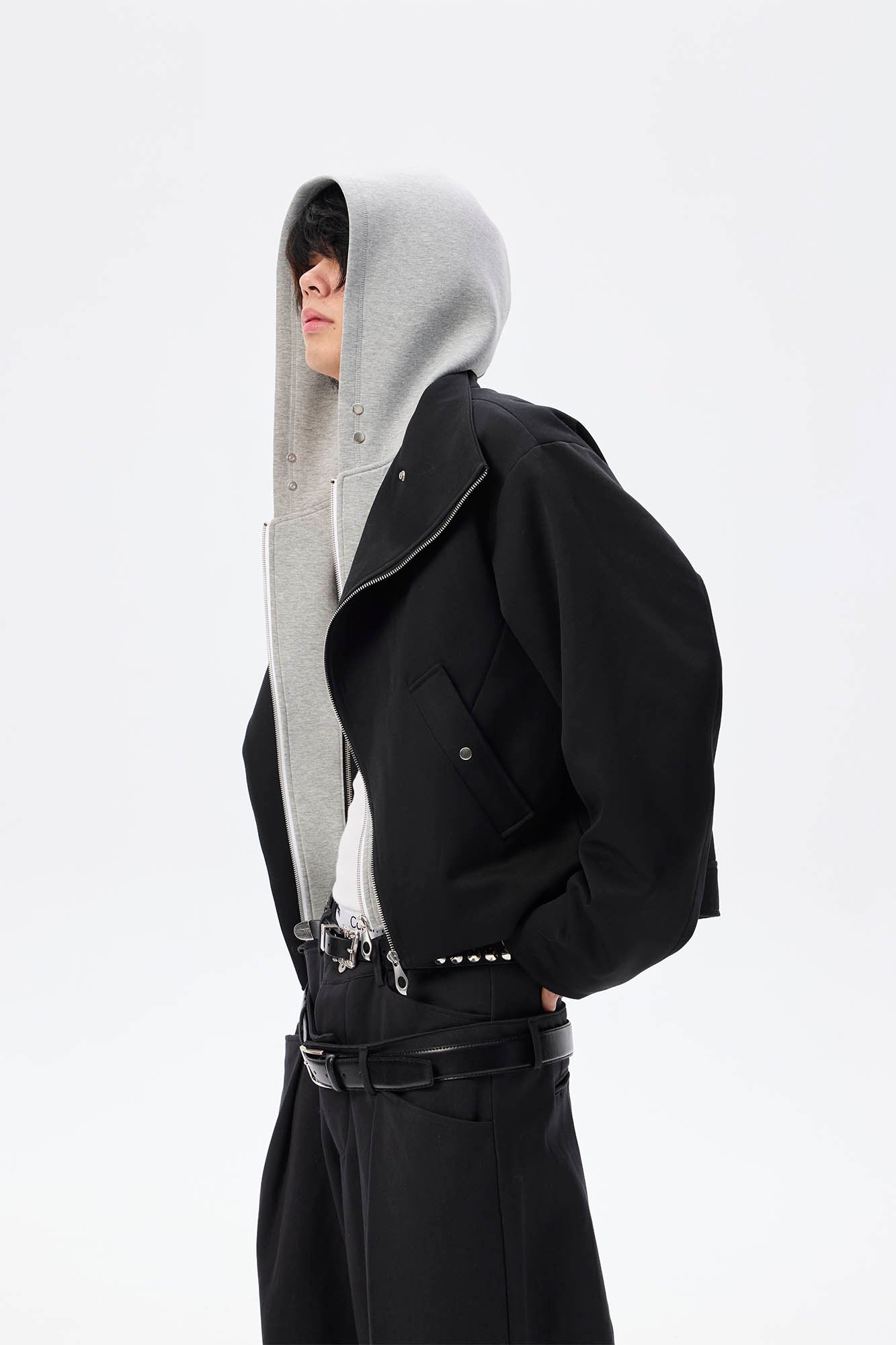 WHISTLEHUNTER Asymmetrical Zipper Detachable Hooded Layered Jacket
