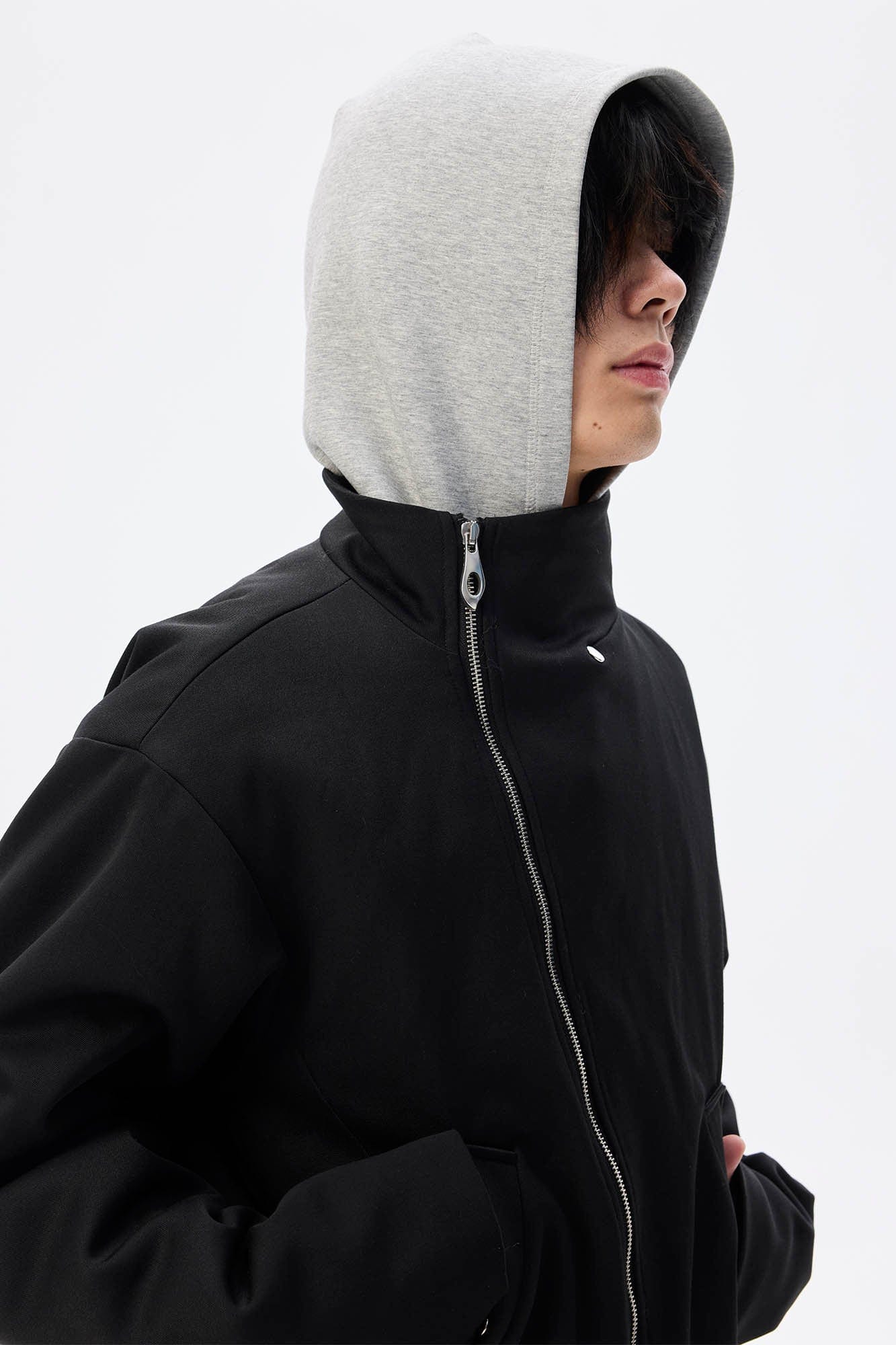WHISTLEHUNTER Asymmetrical Zipper Detachable Hooded Layered Jacket