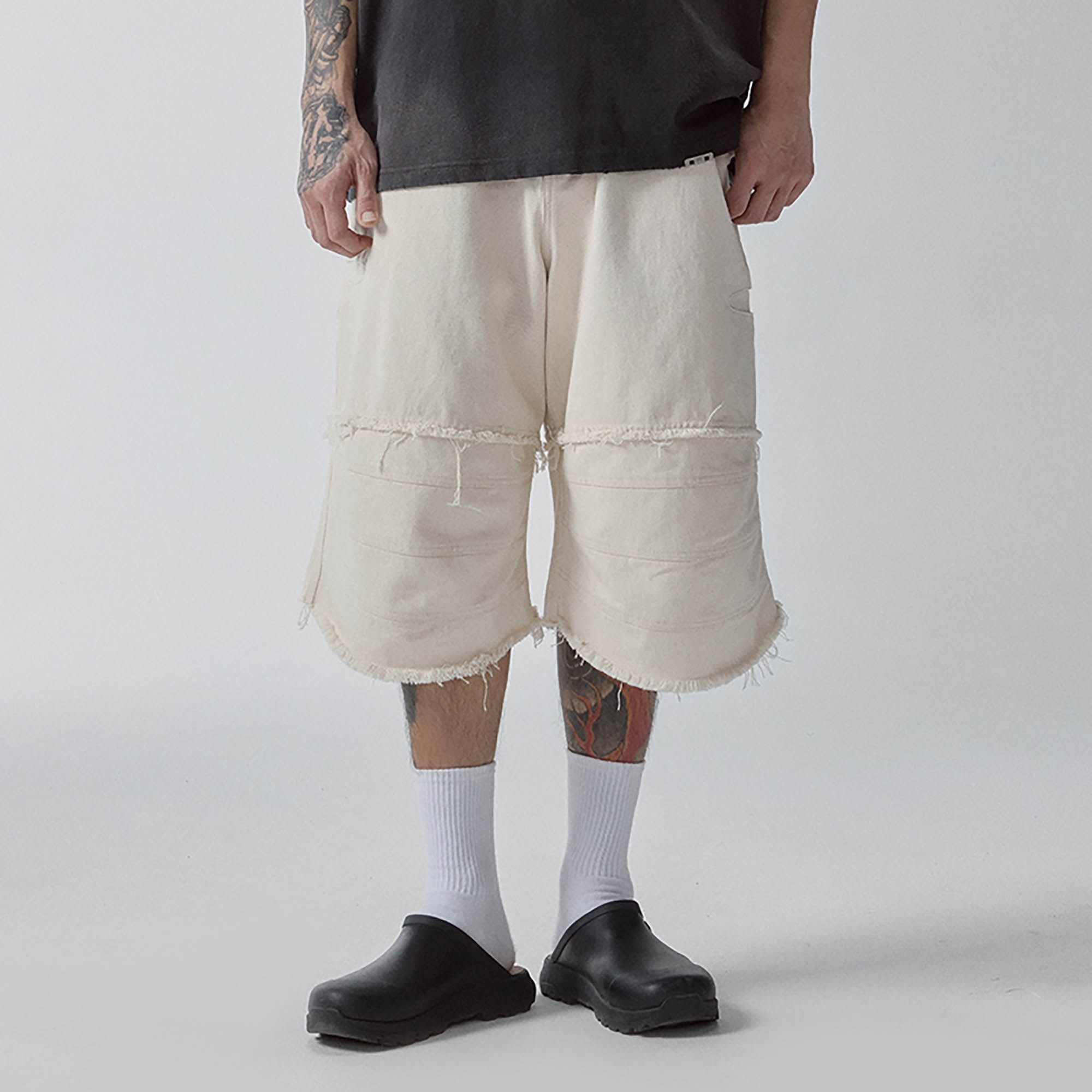 F2CE Layered Spliced Frayed-Edge Shorts