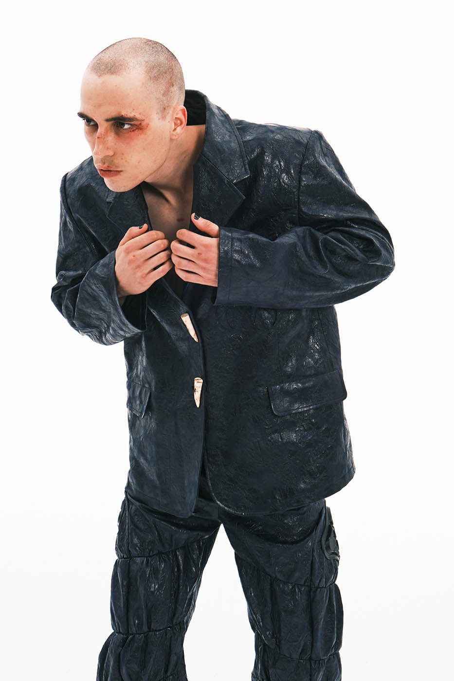 EMBRYO Crinkled Textured Faux Leather Blazer
