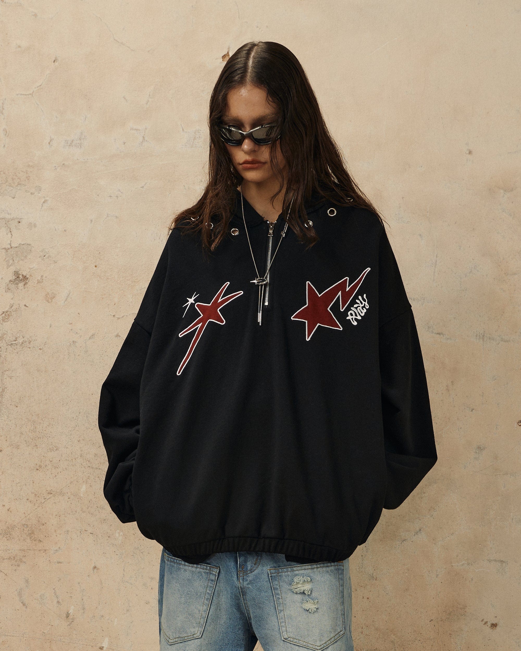 OVDY Star Embroidery Punk Zip-Up Hoodie