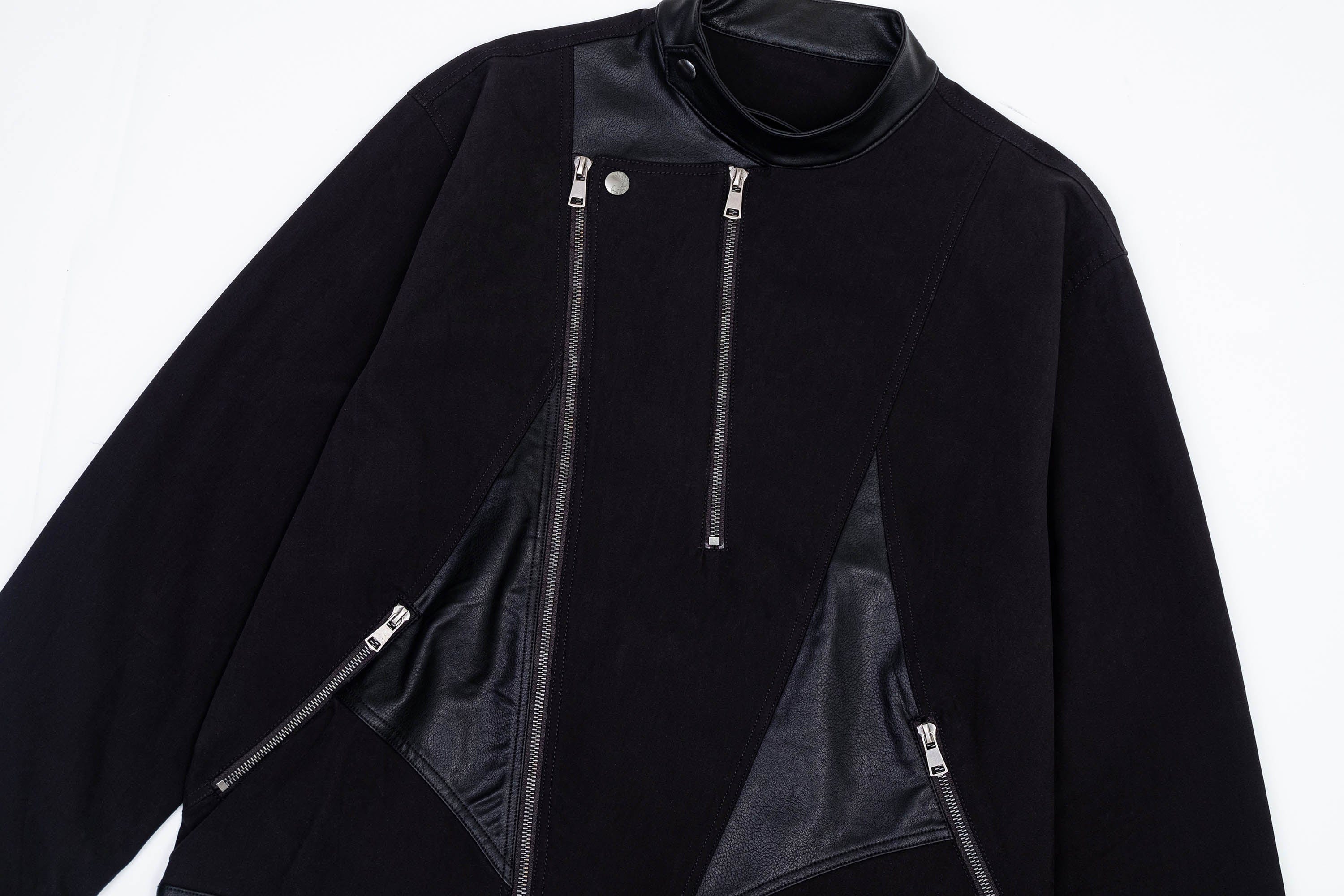 IN EXISTENCE Multi-Zip Asymmetrical Spliced Leather Biker Jacket