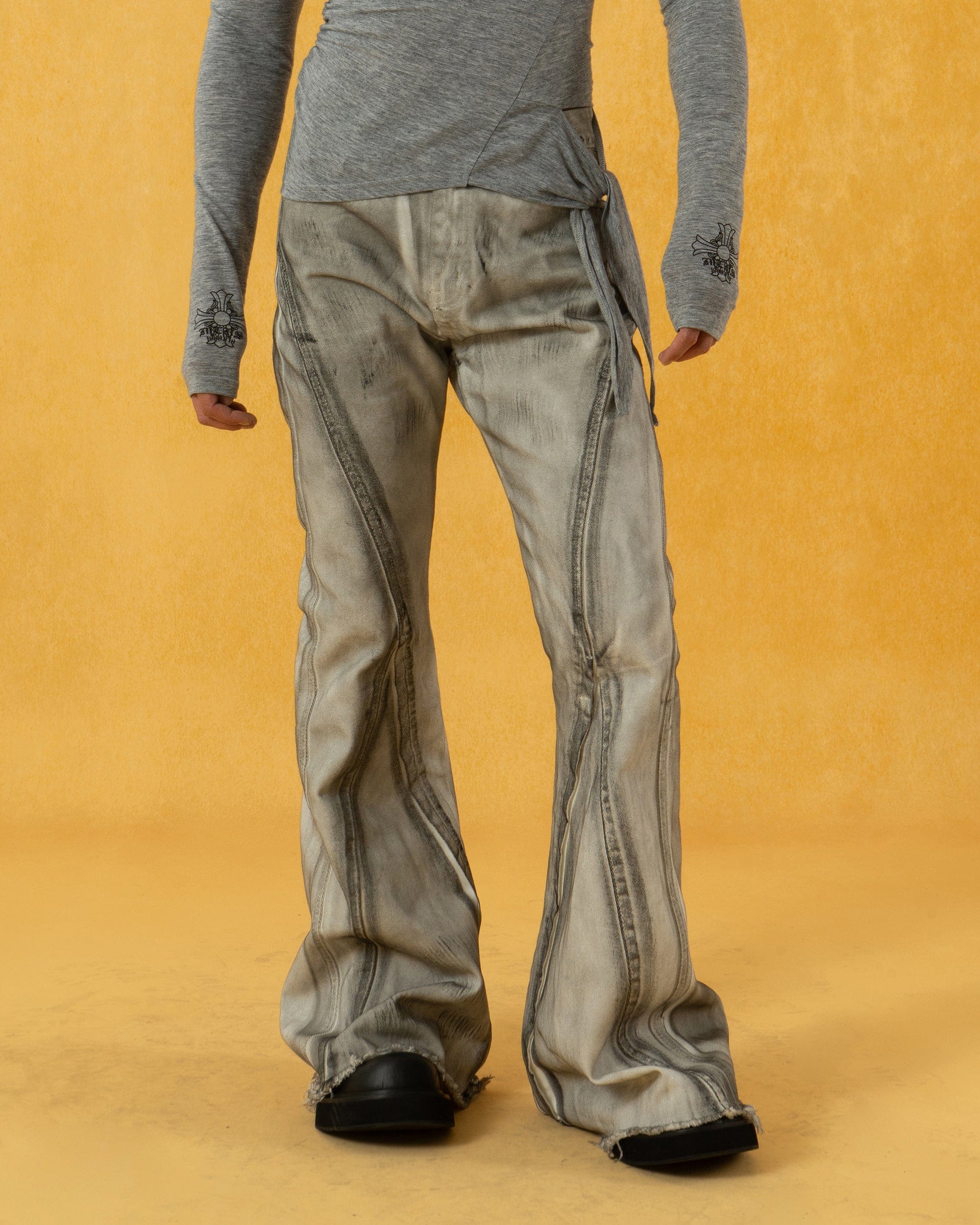 CLP Spliced Distressed Raw Edge Flared Jeans