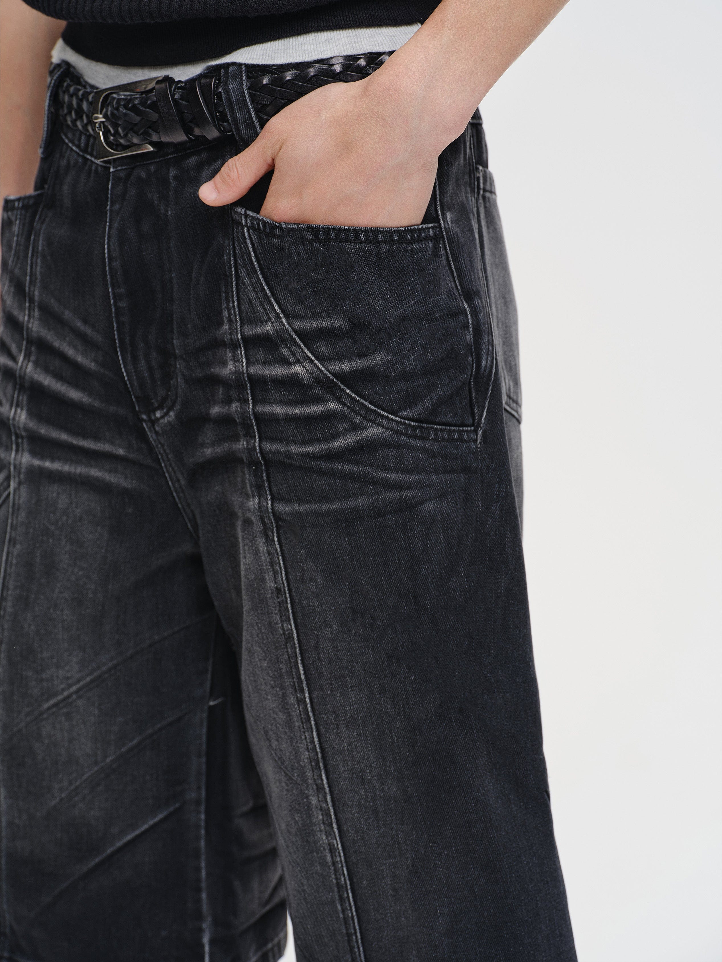 CATSSTAC Whisker-Wash Middle-Spliced Wide-Leg Shorts