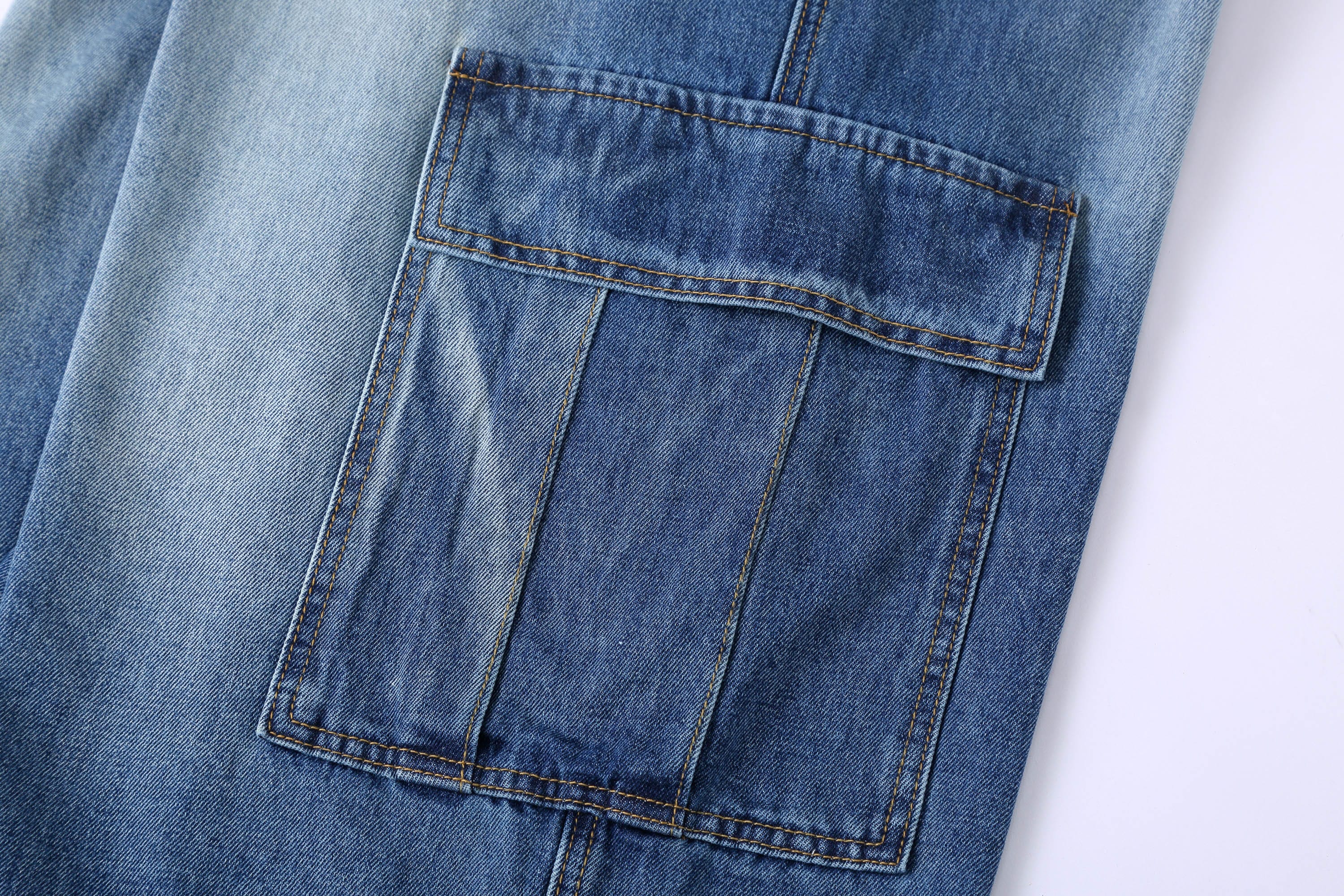 CLP Retro Multi-Pocket Knee-Length Denim Shorts