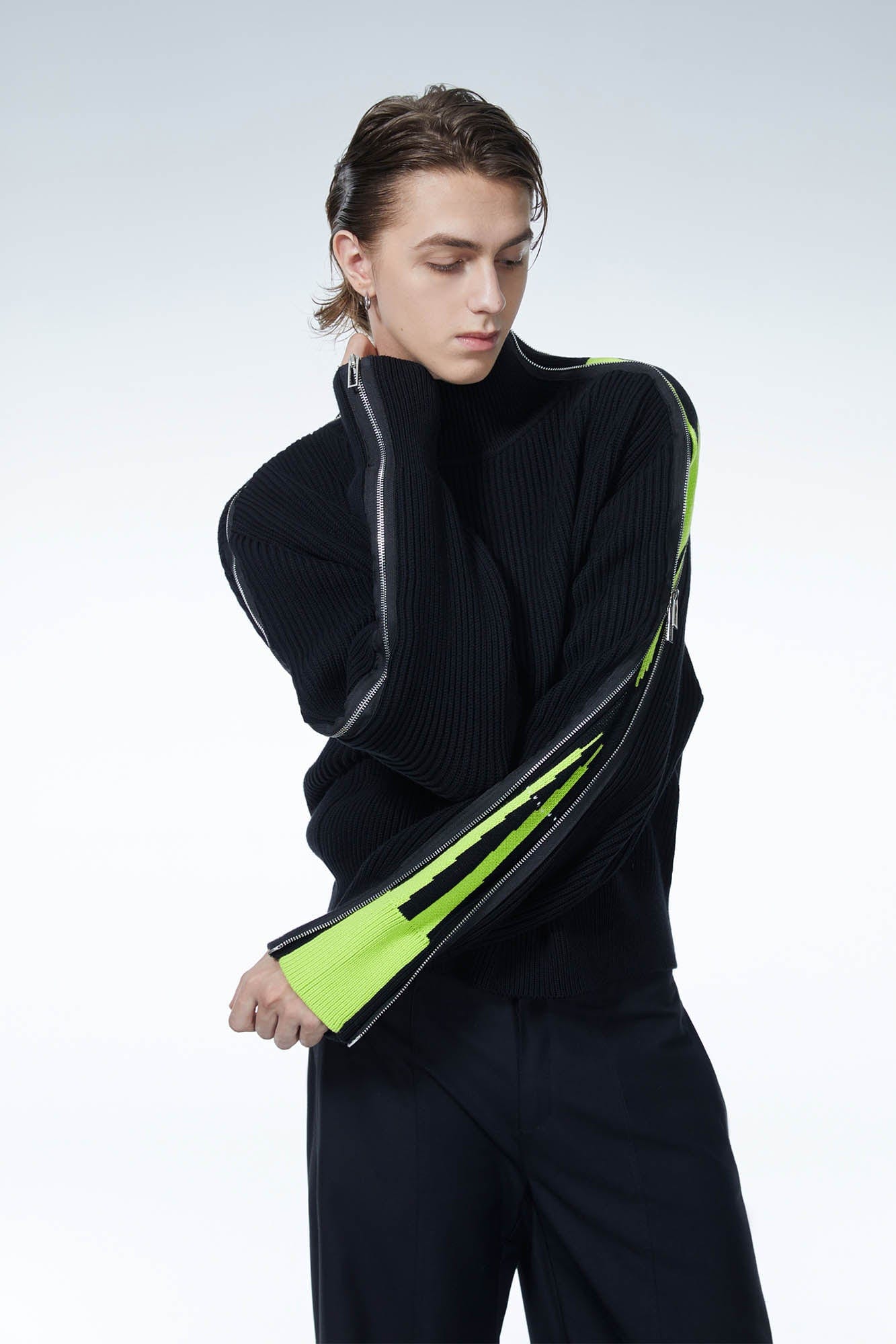 LOSTNFOUND Paneled Side-Zip Mock Neck Sweater