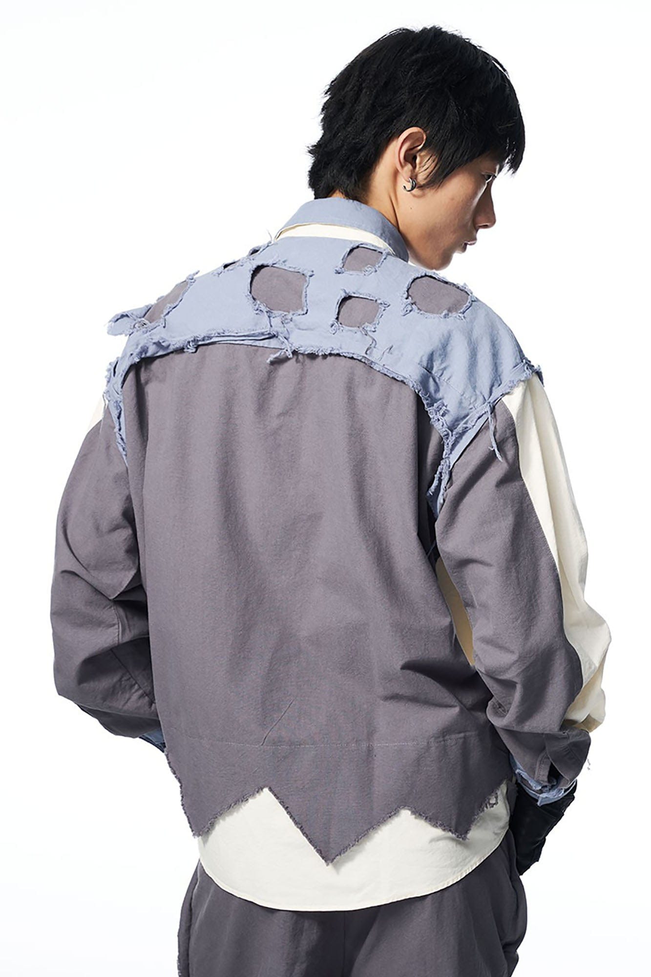 RELABEL Deconstructed Paneled Raw-Edge Frayed Shirt