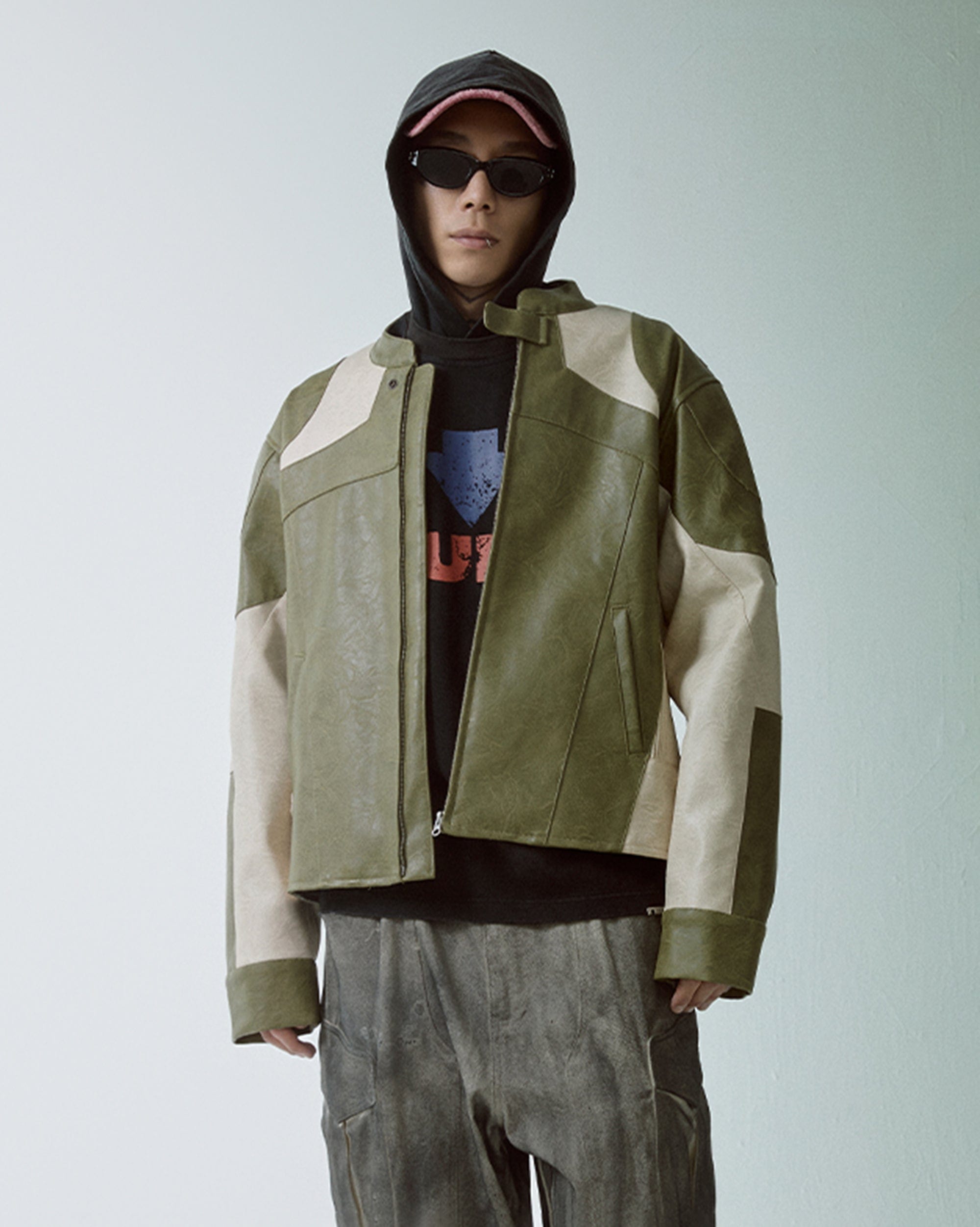 F2CE Modern Deconstructed Faux Leather Biker Jacket