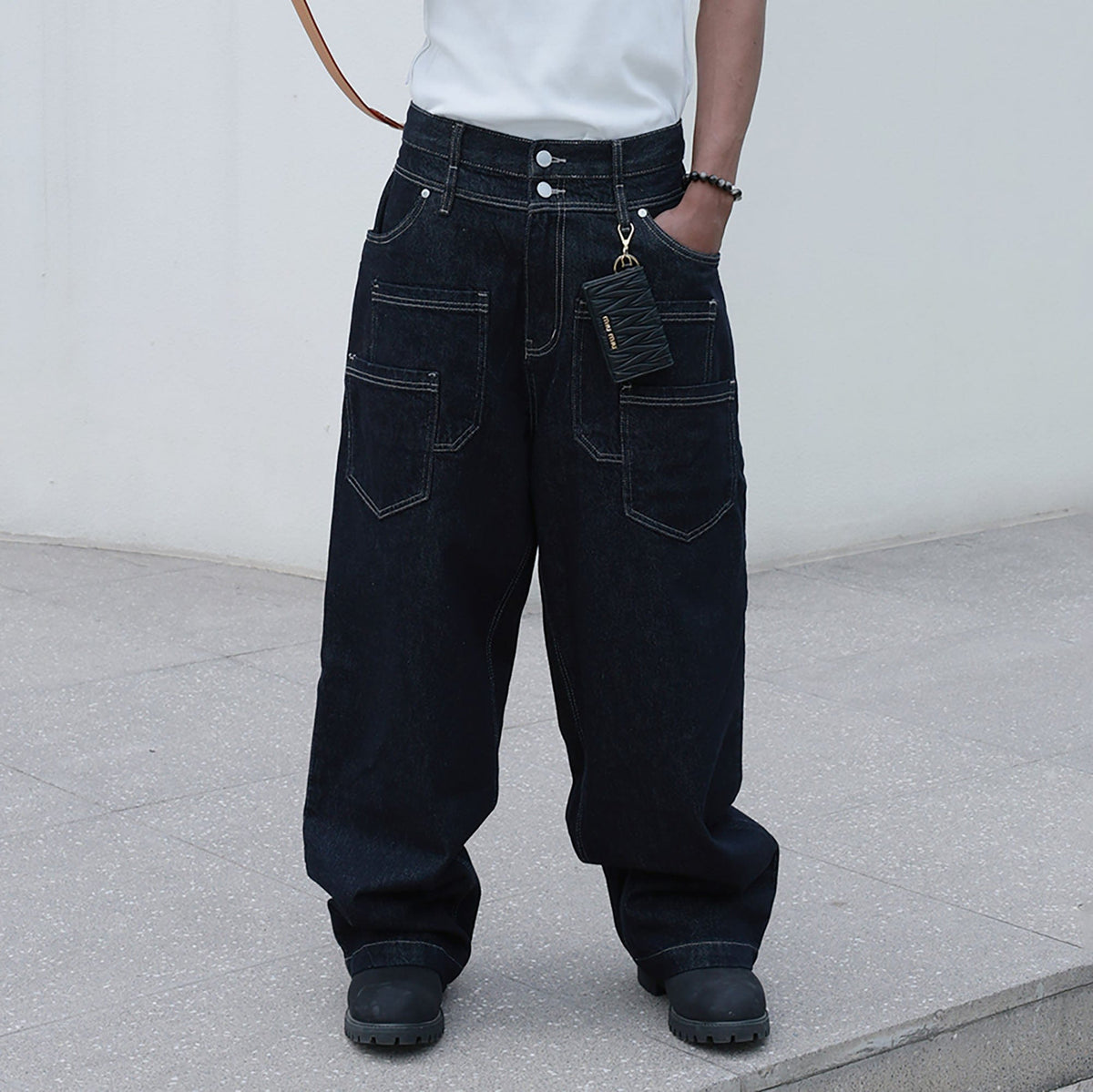 STEEPC Layered-Pockets Double-Waistband Raw Jeans