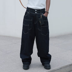 STEEPC Layered-Pockets Double-Waistband Raw Jeans
