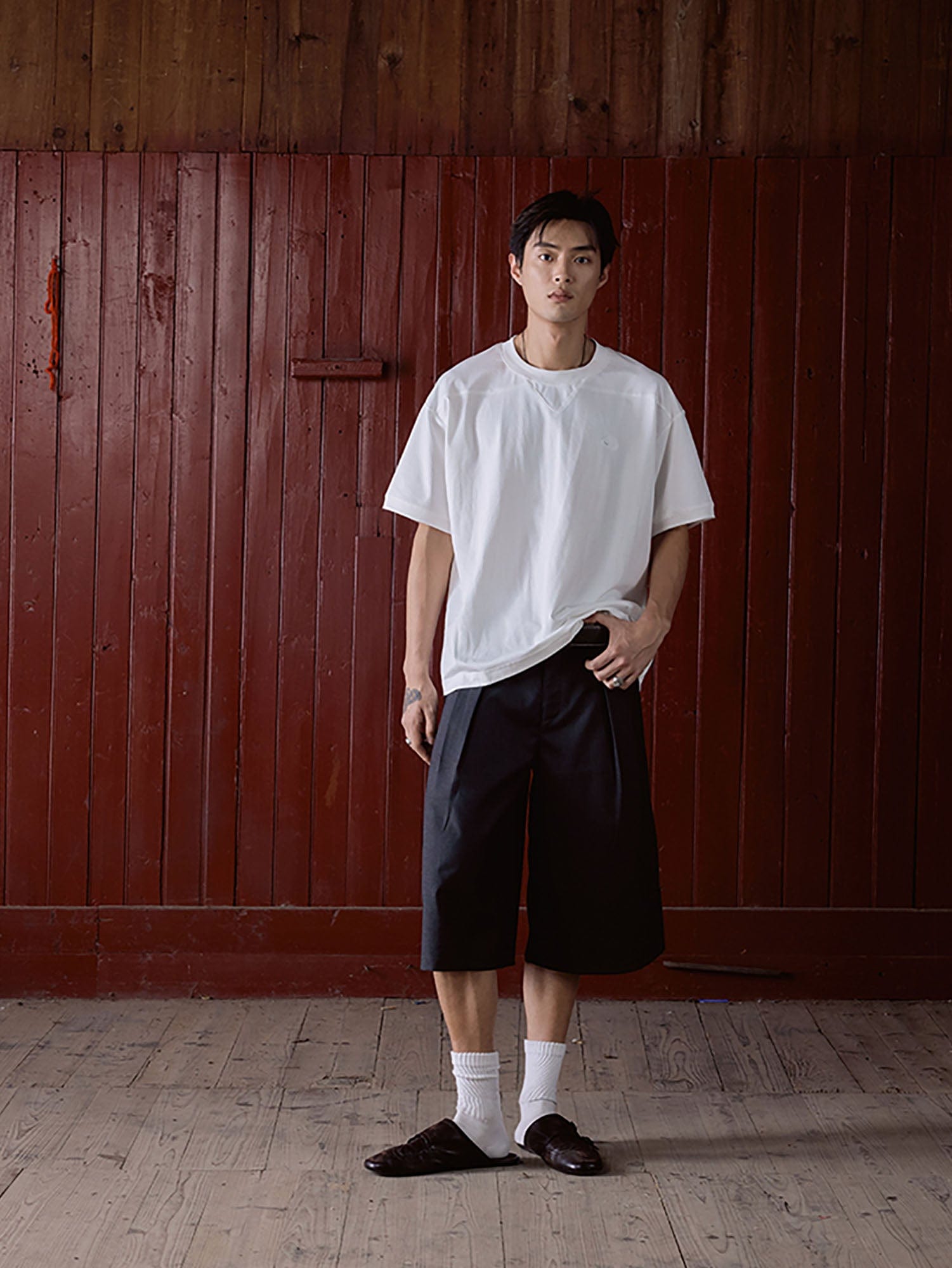 IN EXISTENCE Double-Pleated Mini Check Wide-Leg Shorts