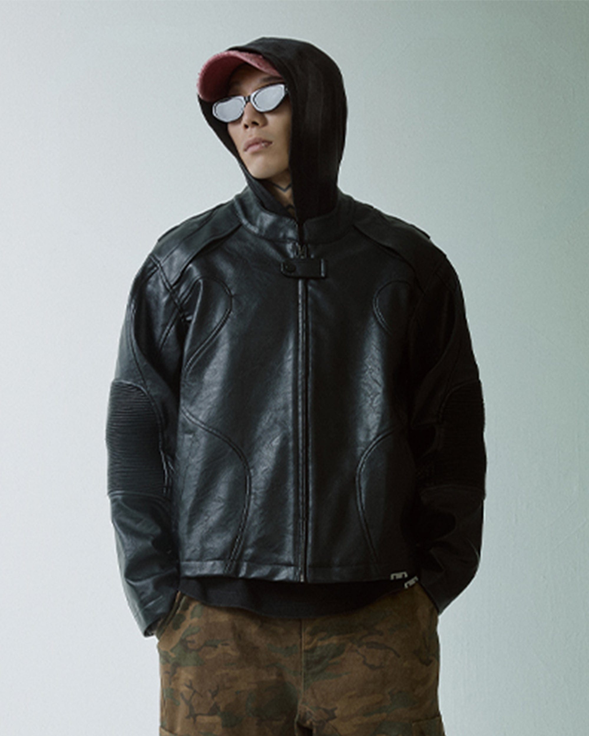 F2CE Modern Deconstructed Faux Leather Biker Jacket Black