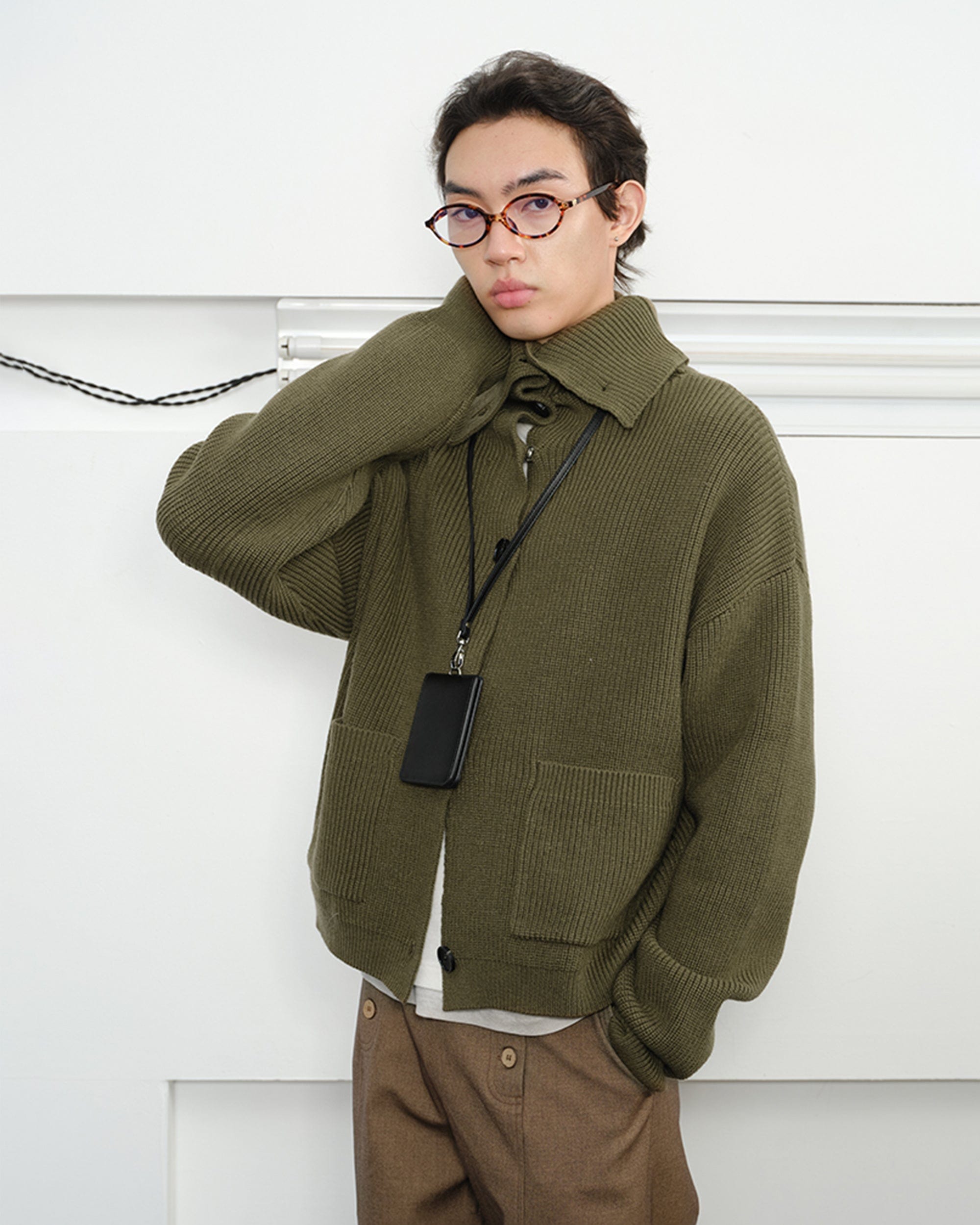 KREATE High-Collar Big-Pocket Button-Up Knitted Jacket