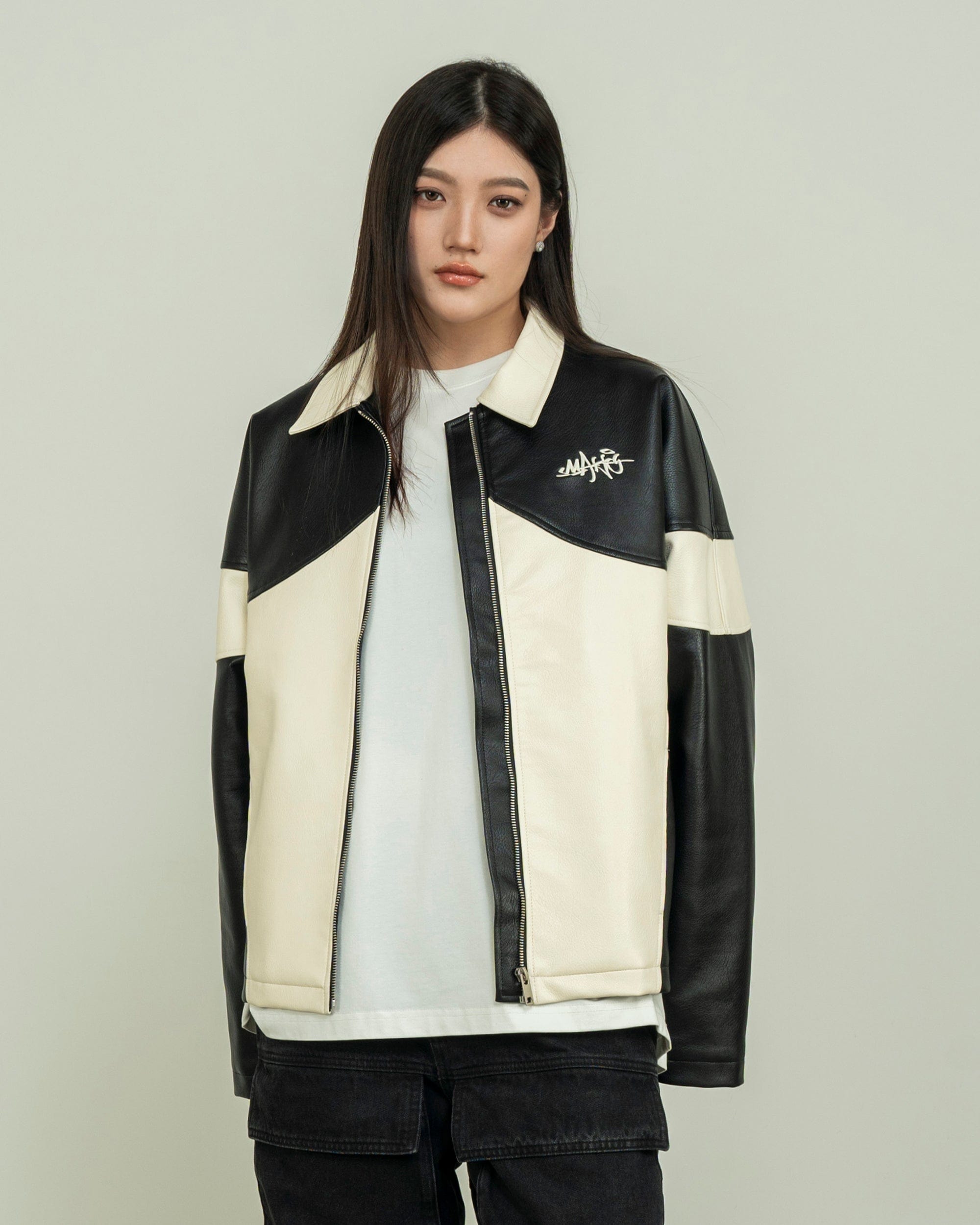 MAKEMORE Modern Deconstructed PU Zip-Up Jacket