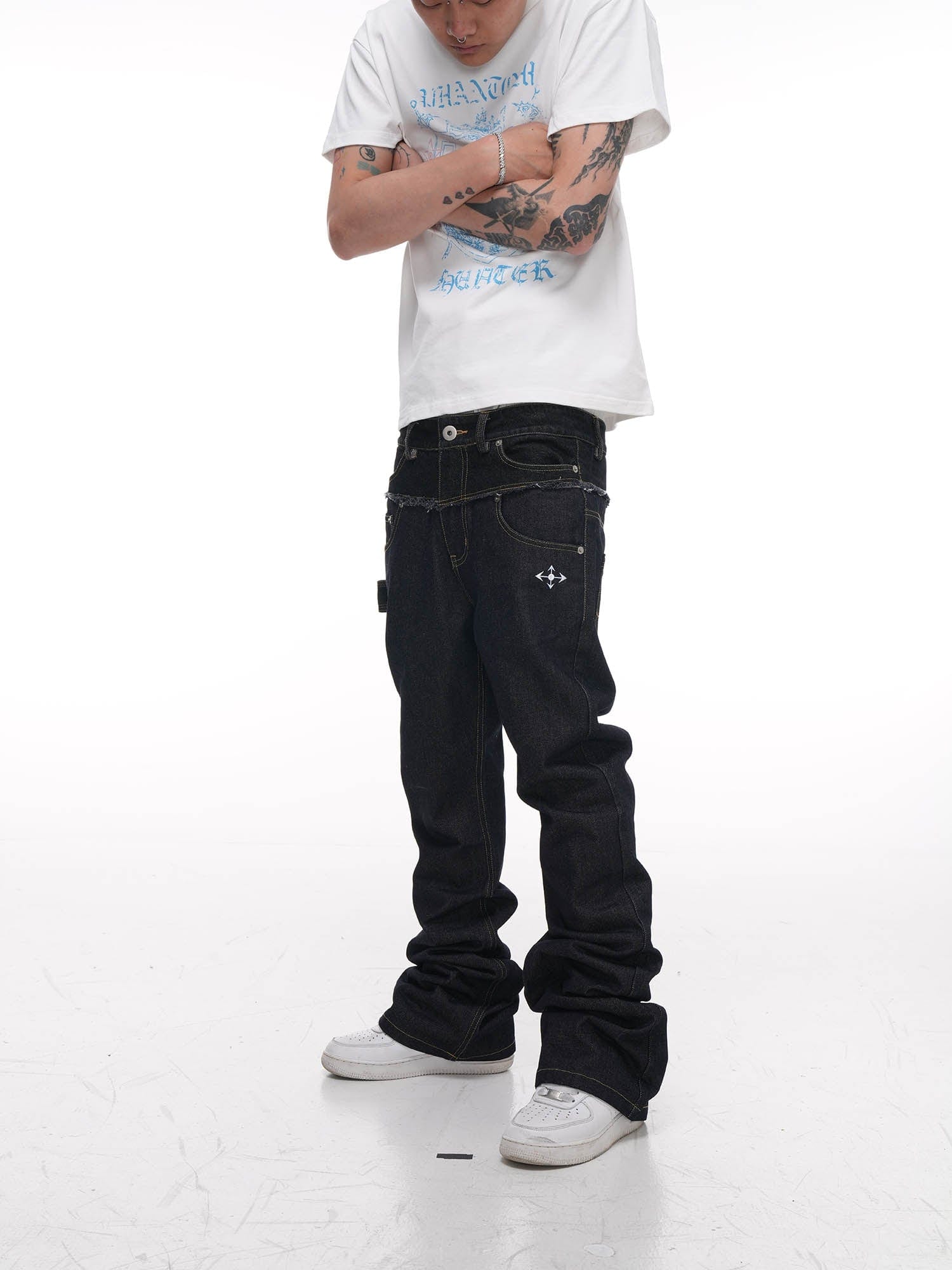 PHANTOMHUNTER Double-Waist Spliced Straight-Leg Fitted Jeans