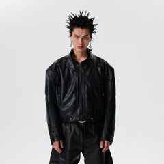 SAVAGEGROWTHWORLD Snake Bone Embroidered Rivet Cropped PU Jacket